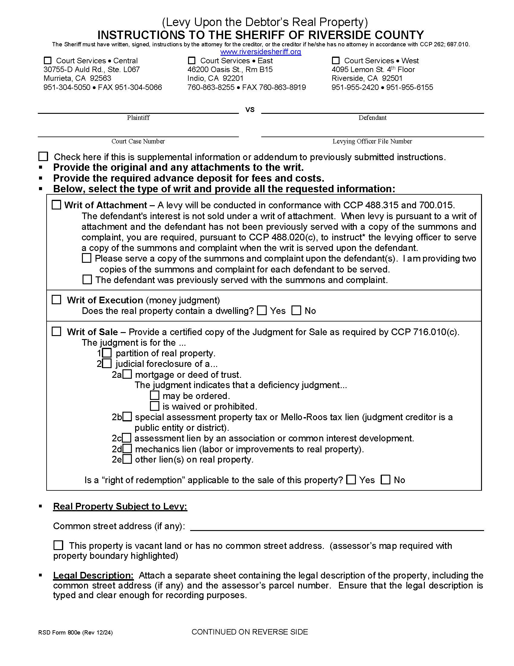 Instructions To The Sheriff (Levy Upon The Debtors Real Property) {800e} | Pdf Fpdf Docx | California