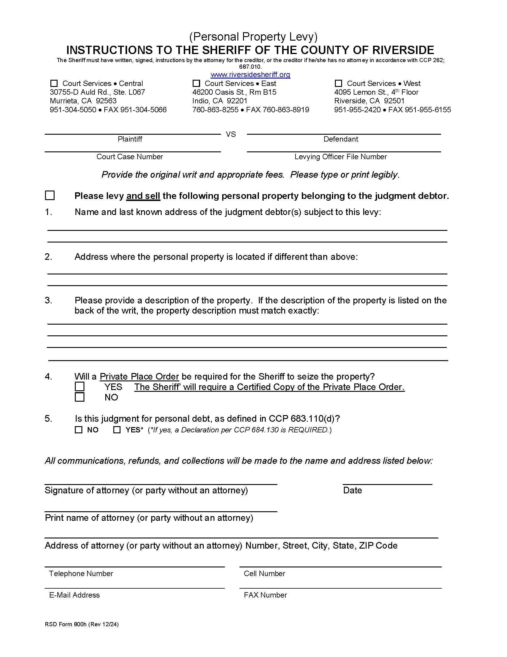 Instructions To The Sheriff (Personal Property Levy) {800h} | Pdf Fpdf Doc Docx | California