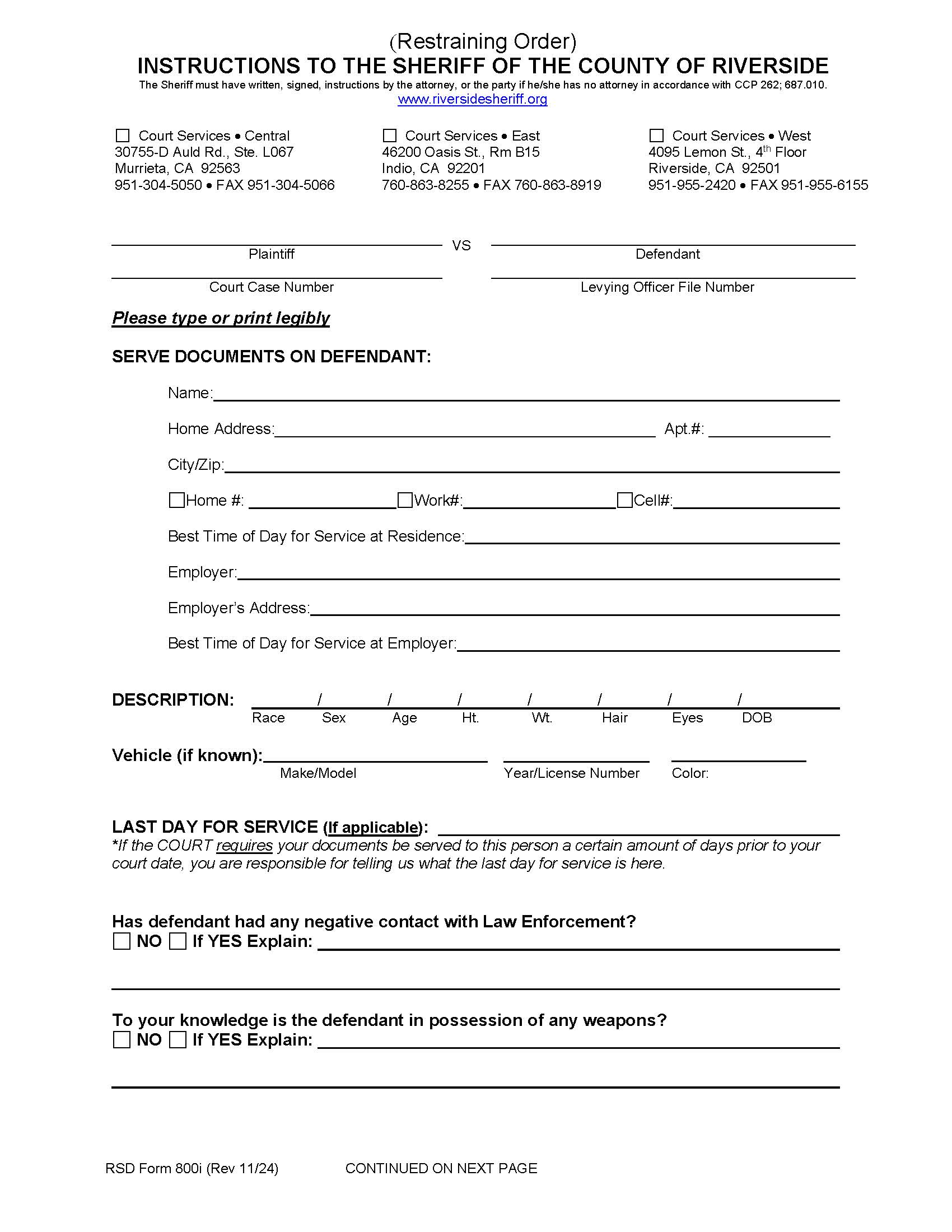 Instructions To The Sheriff (Temporary Restraining Order) {800i} | Pdf Fpdf Doc Docx | California