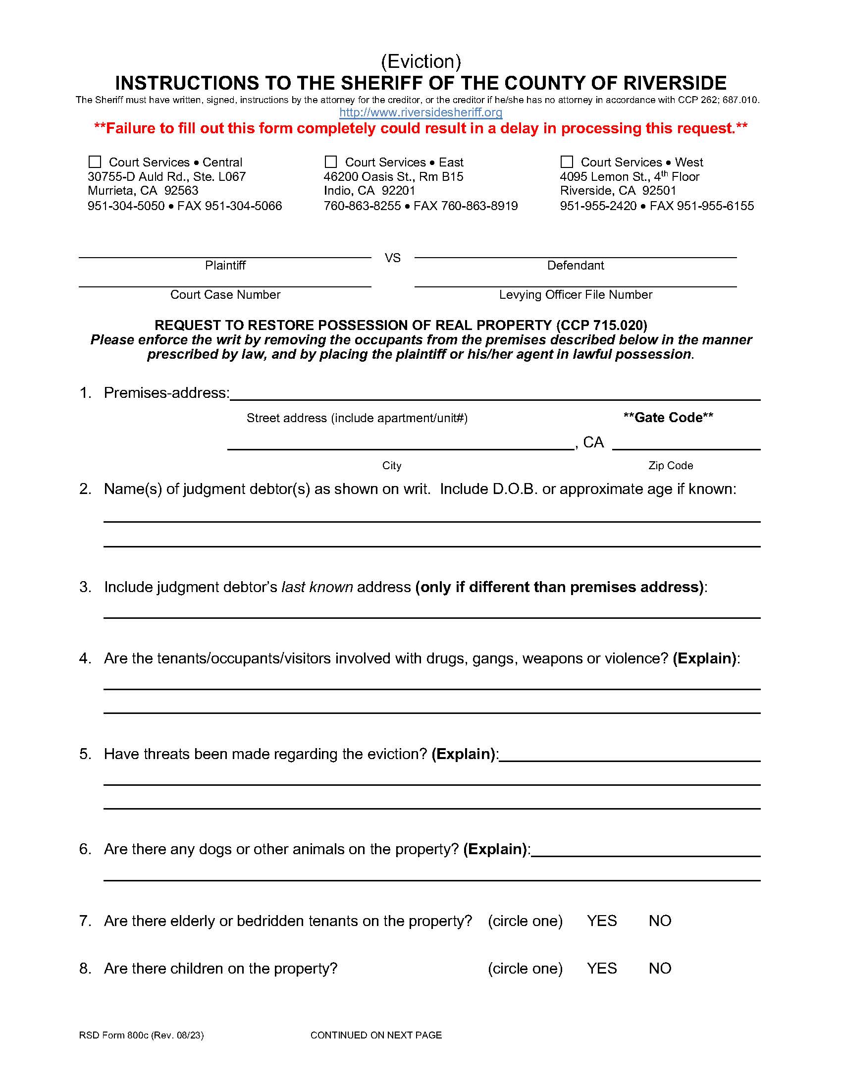 Instructions To The Sheriff (Writ Of Possession Real Property) {800c} | Pdf Fpdf Doc Docx | California