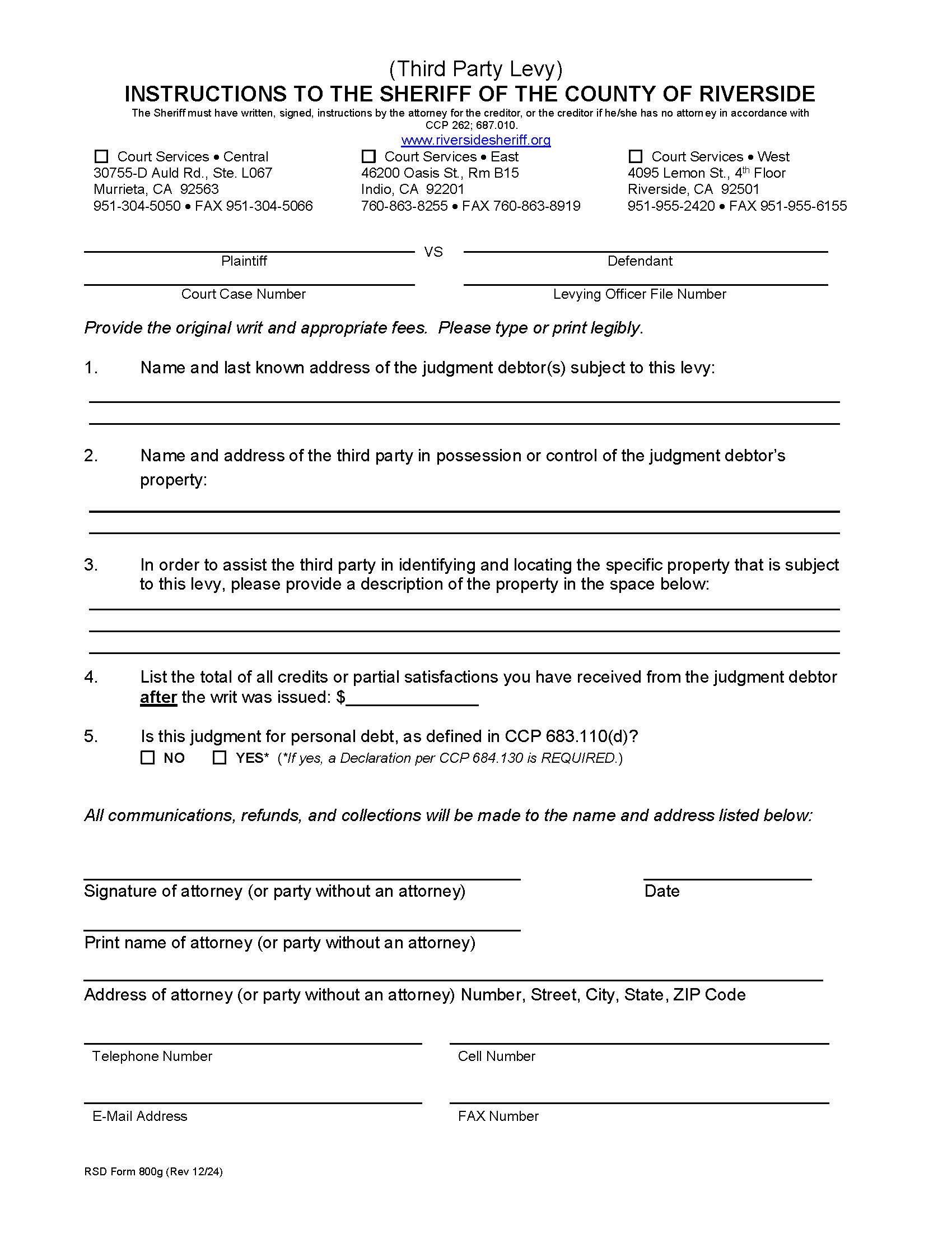 Instructions To The Sheriff Of The County Of Riverside (Third Party Levy) {800g} | Pdf Fpdf Doc Docx | California