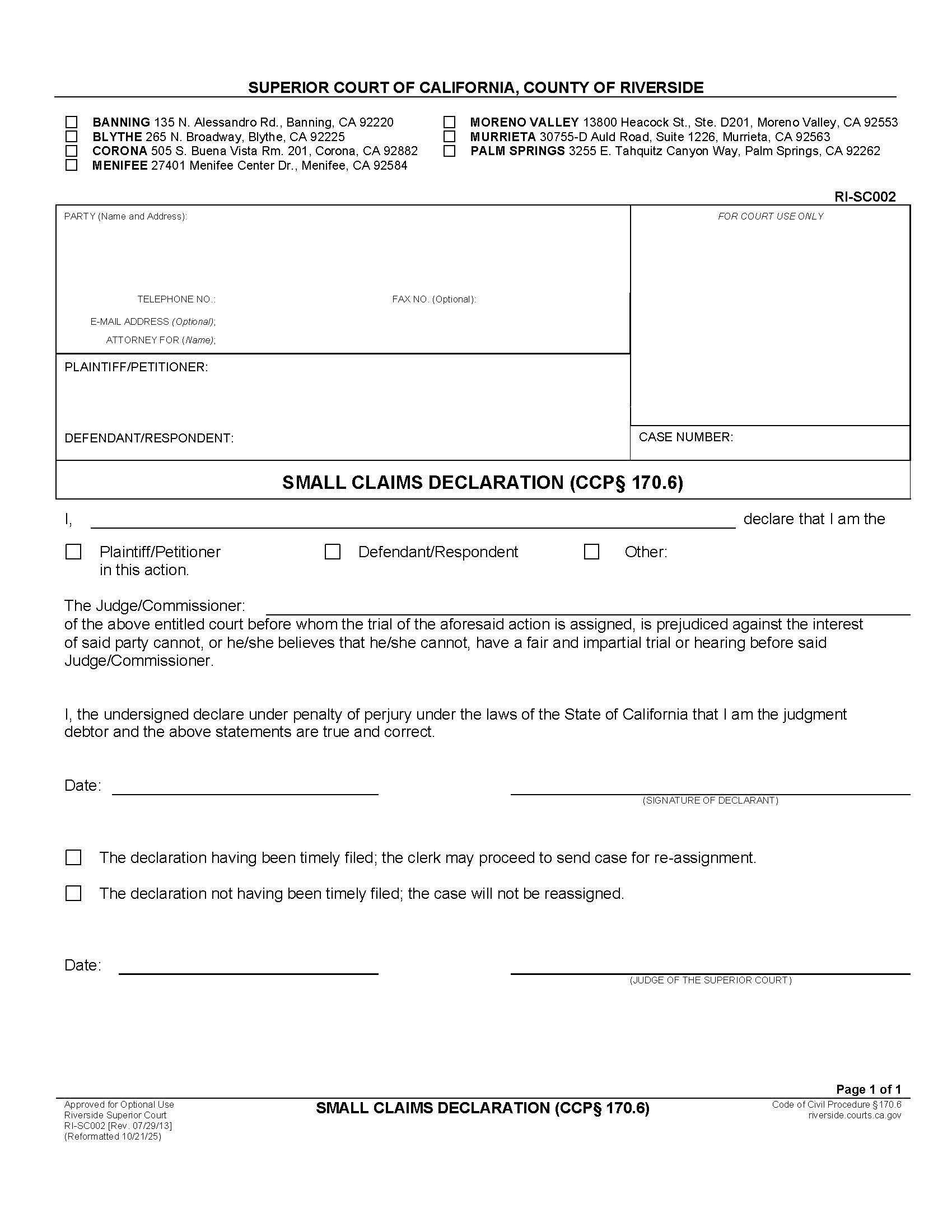 Small Claims Declaration (CCP 170.6) {RI-SC002} | Pdf Fpdf Docx | California