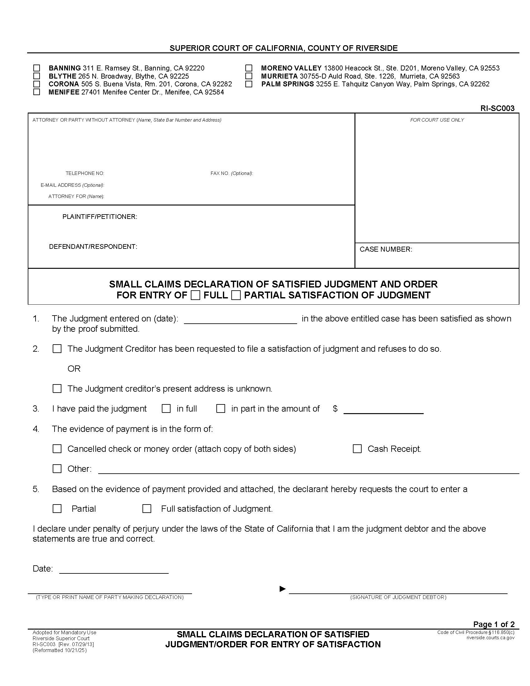 Small Claims Declaration Of Satisfied Judgment-Order For Entry Of Satisfaction {RI-SC003} | Pdf Fpdf Docx | California
