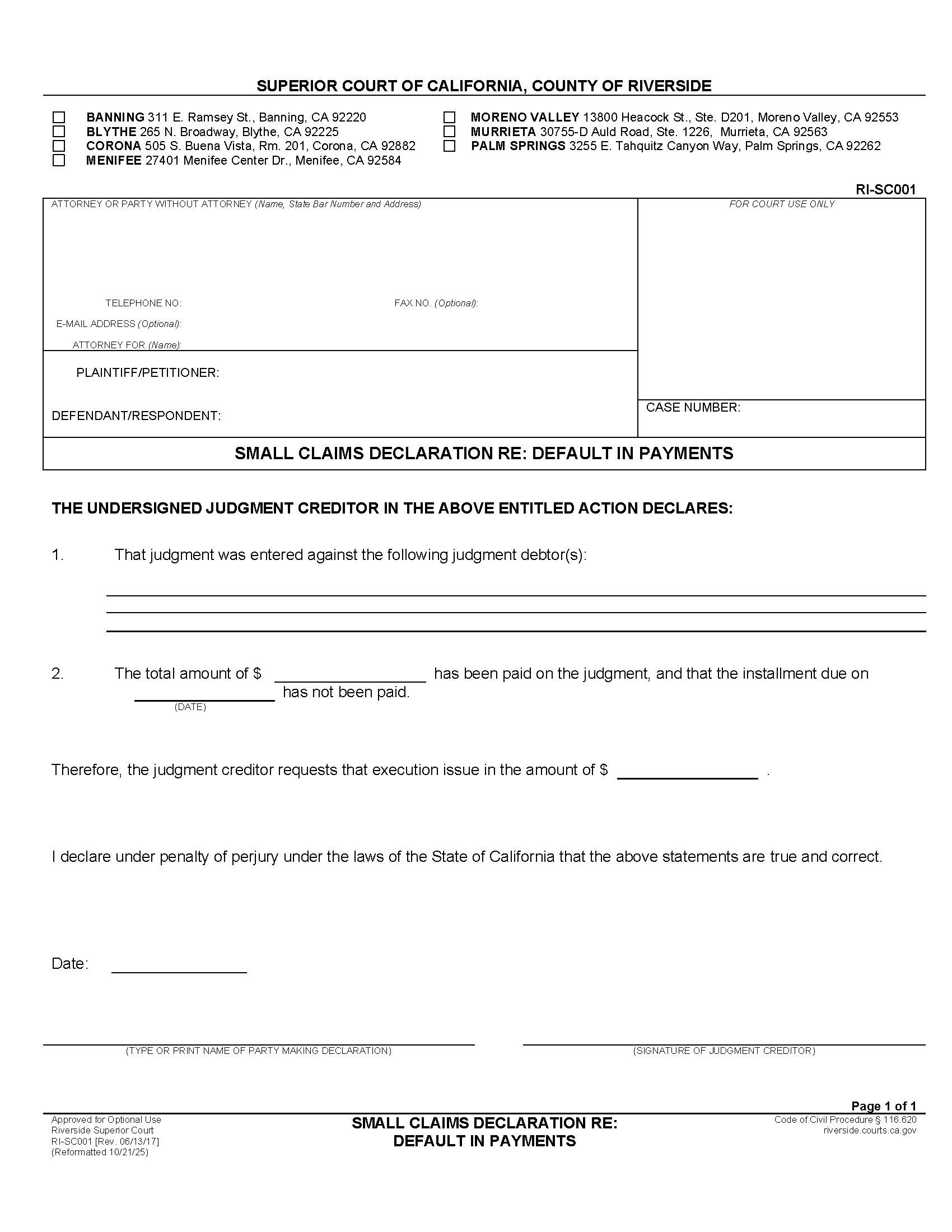 Small Claims Declaration Re Default In Payments {RI-SC001} | Pdf Fpdf Docx | California