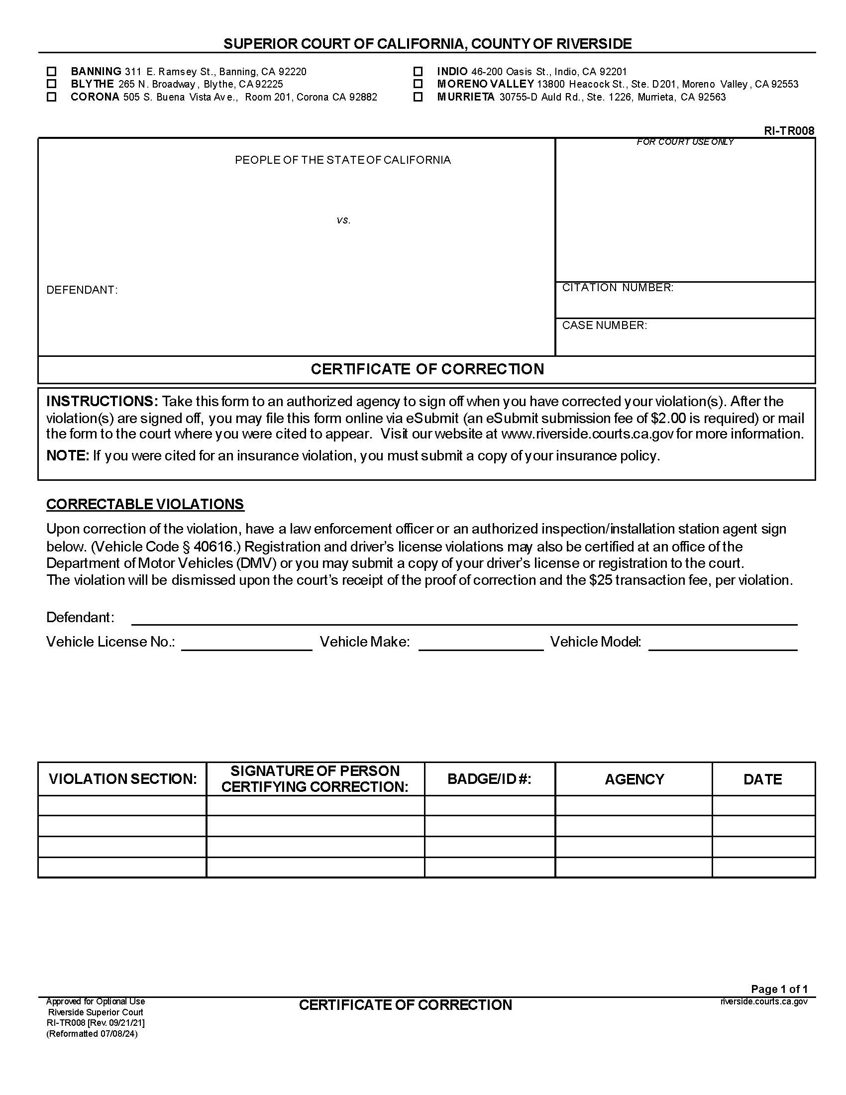 Certificate Of Correction {RI-TR008} | Pdf Fpdf Docx | California