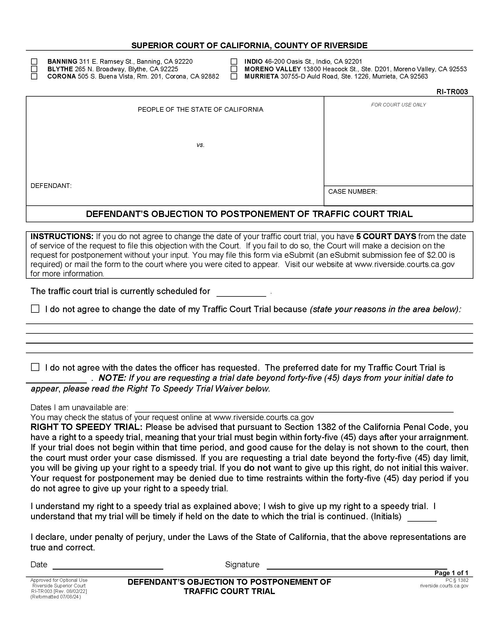 Defendants Objection To Postponement Of Traffic Court Trial {RI-TR003} | Pdf Fpdf Docx | California