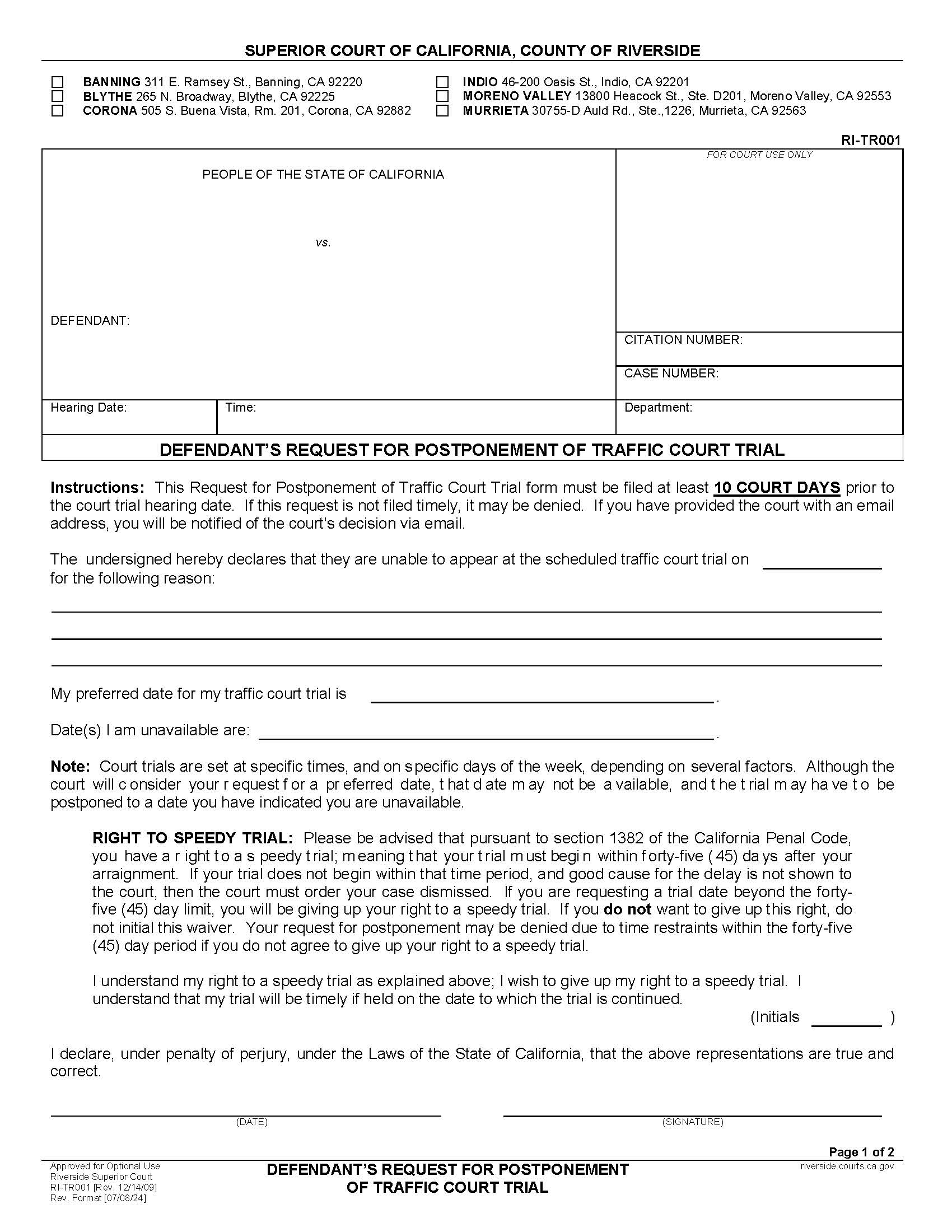 Defendants Request For Postponement Of Traffic Court Trial {RI-TR001} | Pdf Fpdf Doc Docx | California