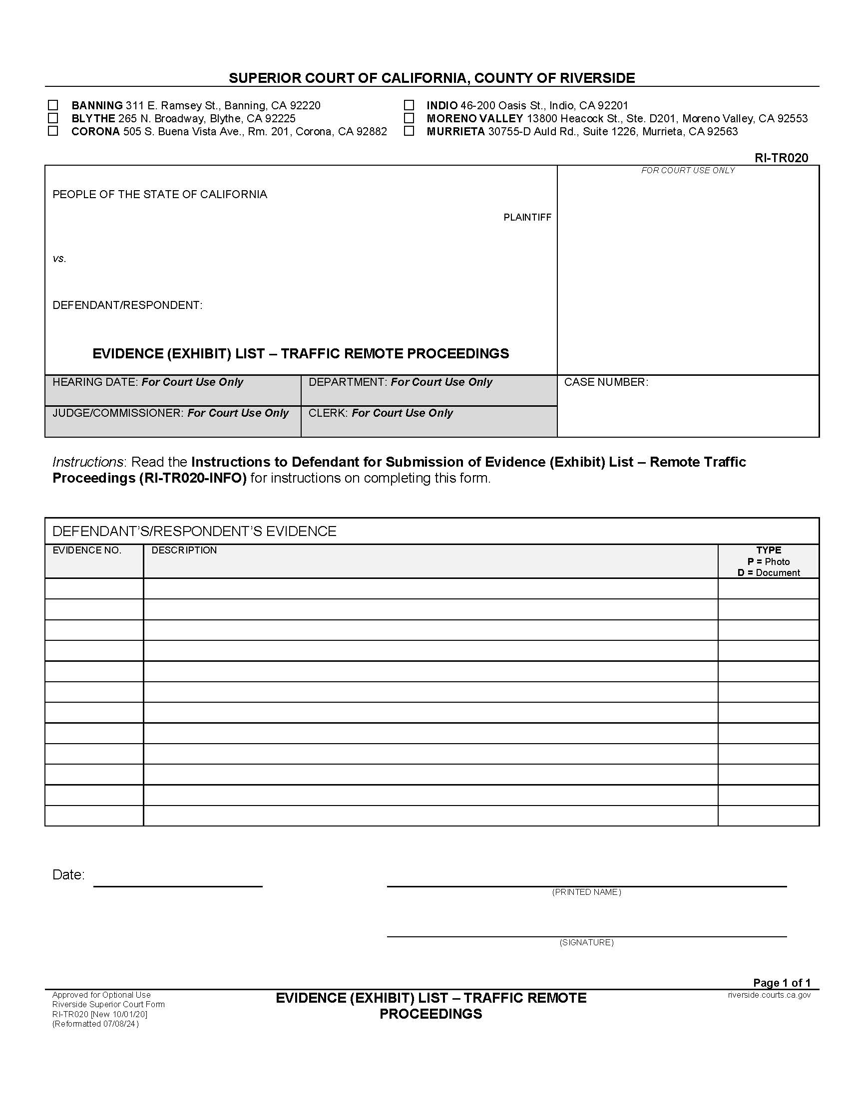 Evidence (Exhibit) List-Traffic Remote Proceedings {RI-TR020} | Pdf Fpdf Docx | California