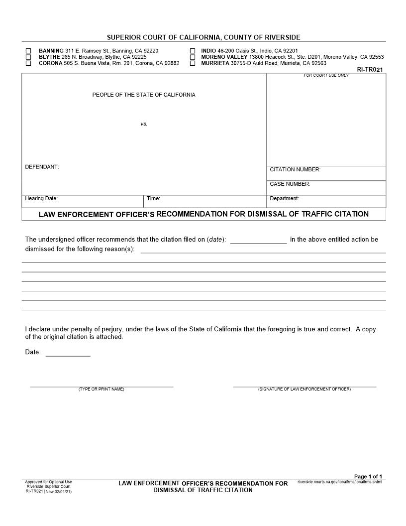 Law Enforcement Officers Recommendation For Dismissal Of Traffic Citation {RI-TR021} | Pdf Fpdf Docx | California
