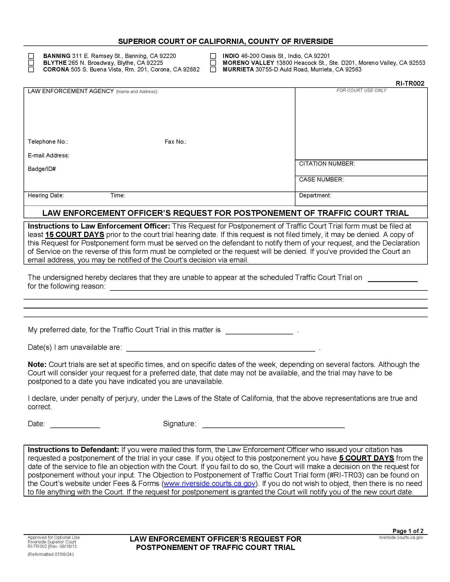 Law Enforcement Officers Request For Postponement Of Traffic Court Trial {RI-TR002} | Pdf Fpdf Docx | California