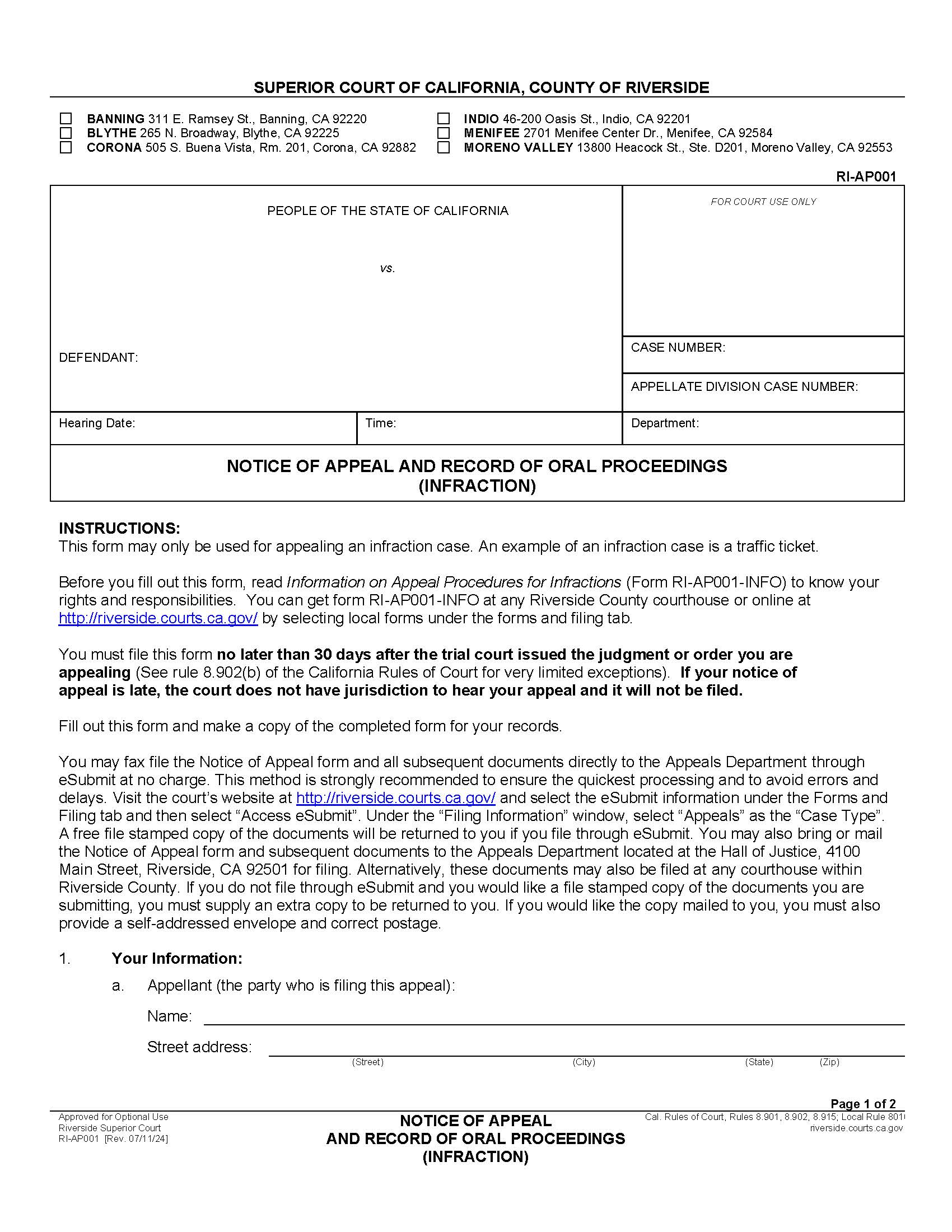 Notice Of Appeal And Record Of Oral Proceedings {RI-AP001} | Pdf Fpdf Docx | California