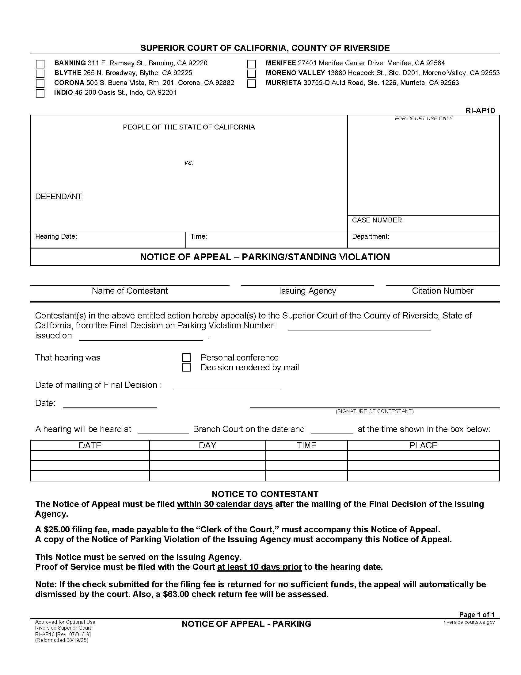 Notice Of Appeal Parking {RI-AP10} | Pdf Fpdf Docx | California
