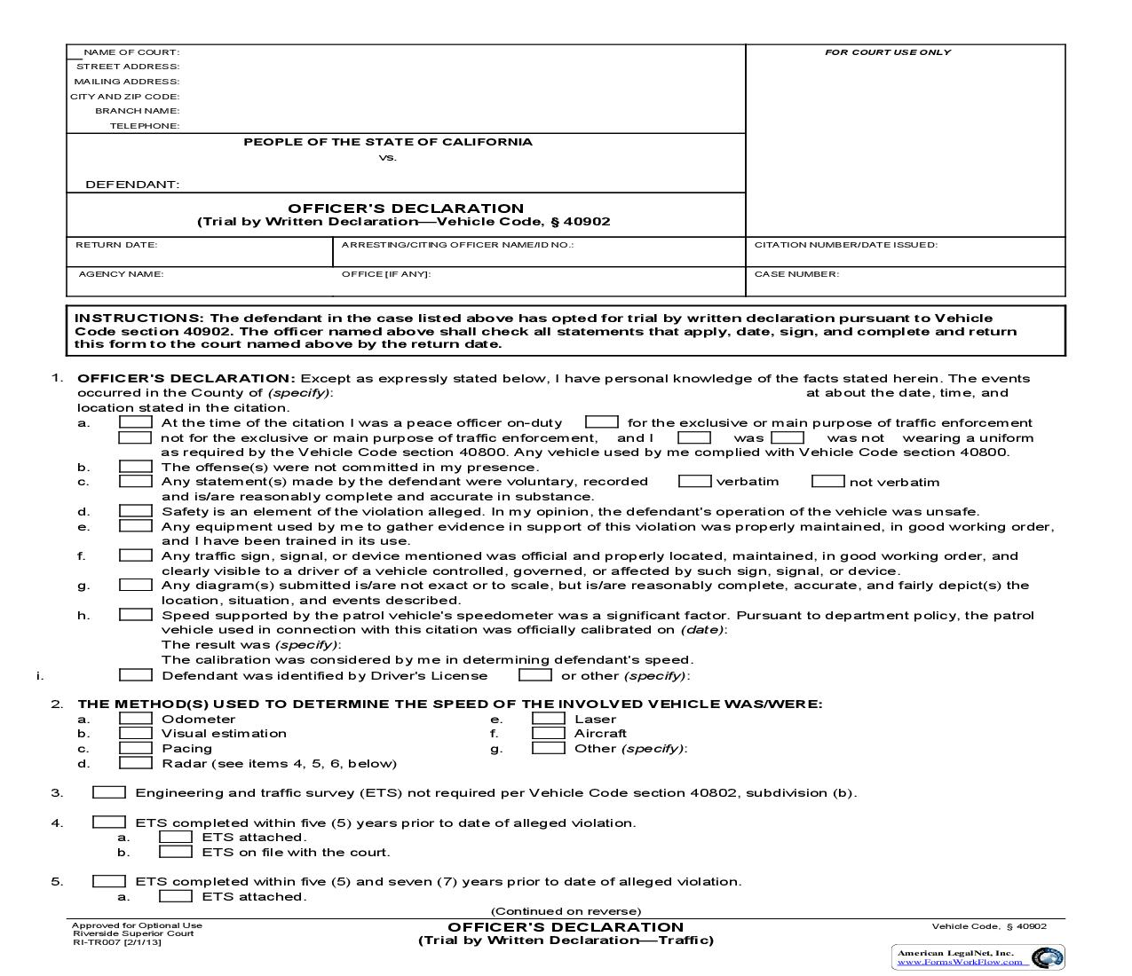 Officers Declaration (Trial By Written Declaration-Traffic) {RI-TR007} | Pdf Fpdf Doc Docx | California