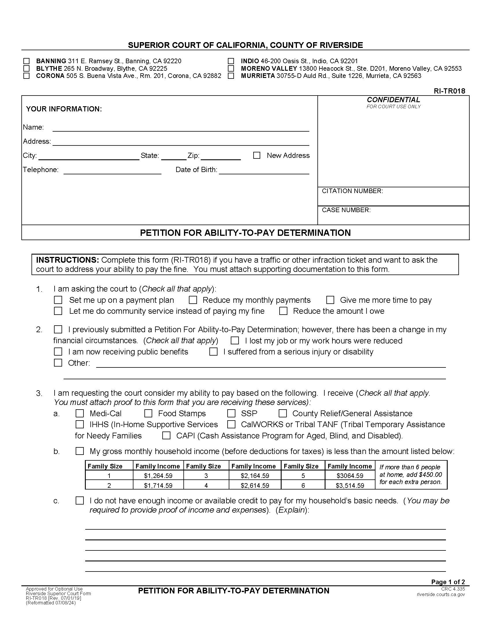 Petition For Ability-To-Pay Determination {RI-TR018} | Pdf Fpdf Docx | California
