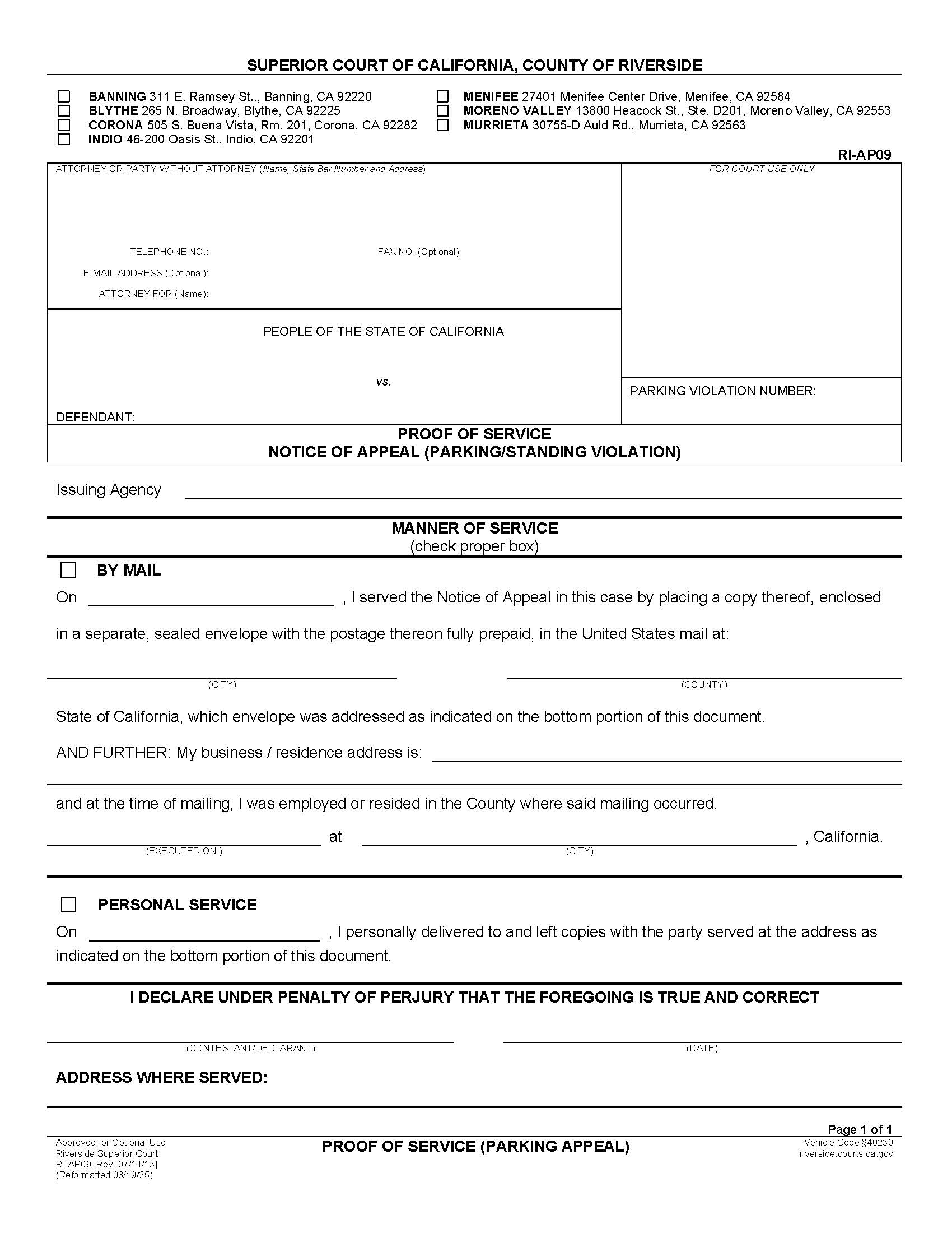 Proof Of Service Notice Of Appeal (Parking-Standing Violation) {RI-AP09} | Pdf Fpdf Doc Docx | California