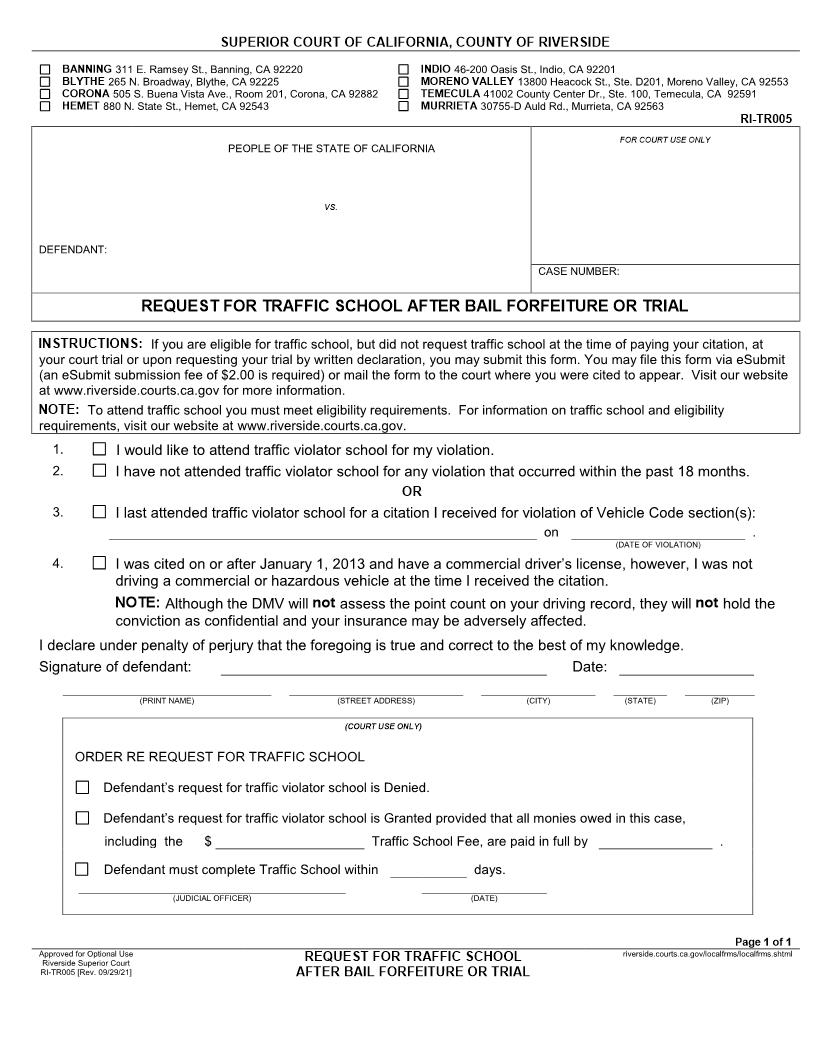 Request For Traffic School After Bail Forfeiture Or Trial {RI-TR005} | Pdf Fpdf Docx | California