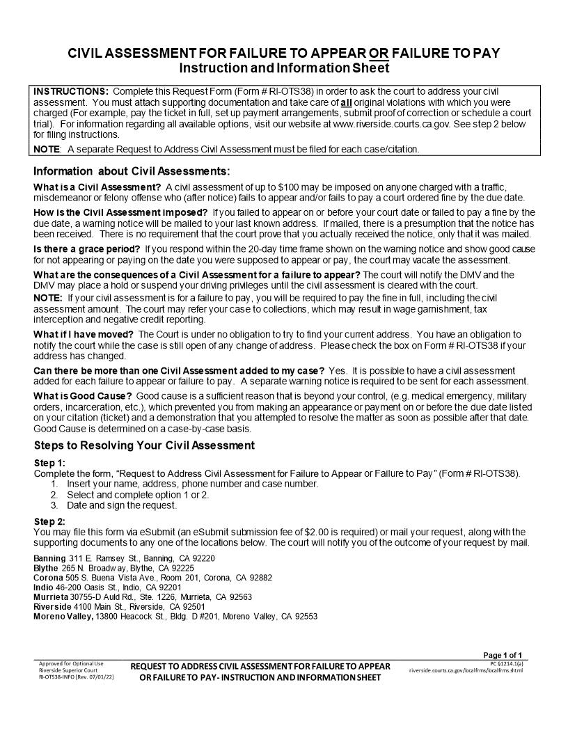 Request To Address Civil Assessment For Failure To Appear {RI-OTS38} | Pdf Fpdf Docx | California