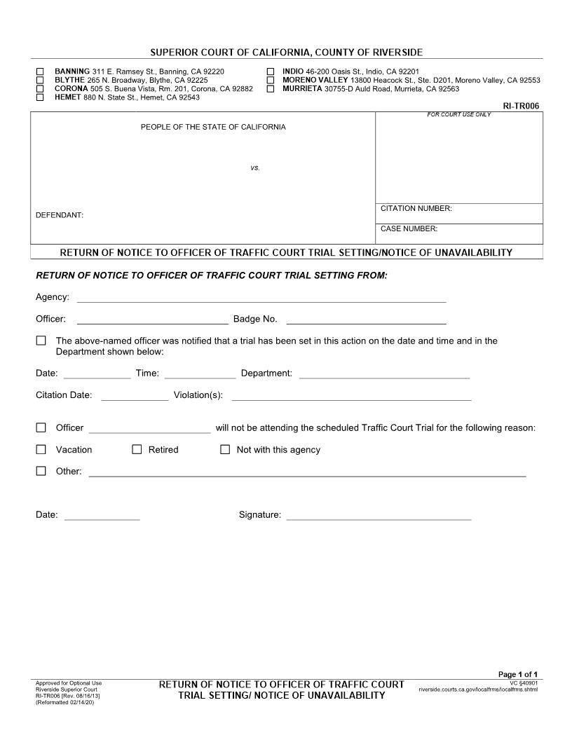 Return Of Notice To Officer Of Traffic Court Trial Setting-Notice Of Unavailability {RI-TR006} | Pdf Fpdf Docx | California