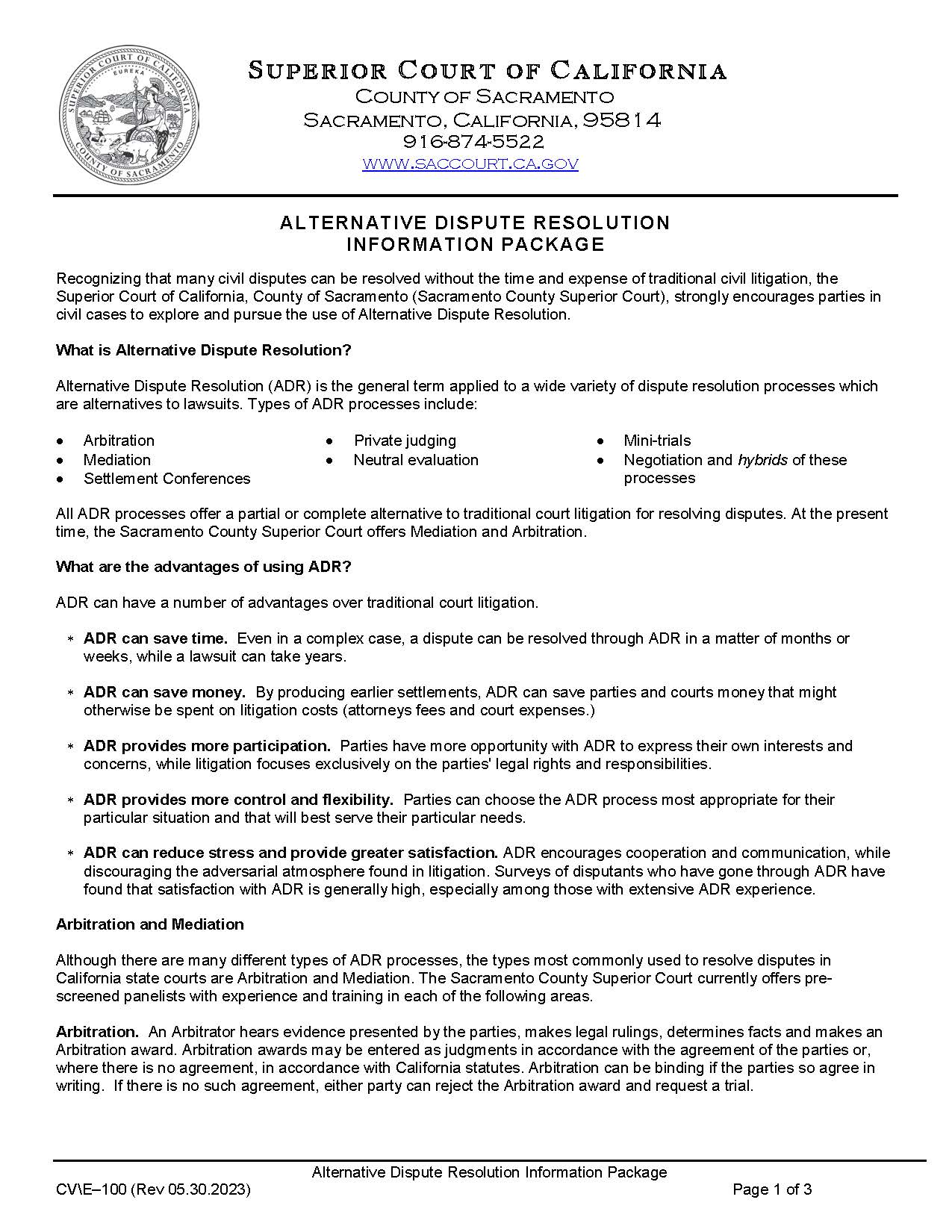 Alternative Dispute Resolution Information Sheet {CV-E-100} | Pdf Fpdf Doc Docx | California