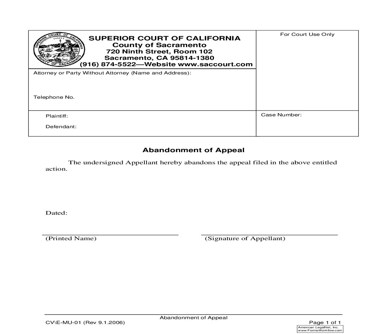 Abandonment Of Appeal {CV-E-MU-01} | Pdf Fpdf Doc Docx | California