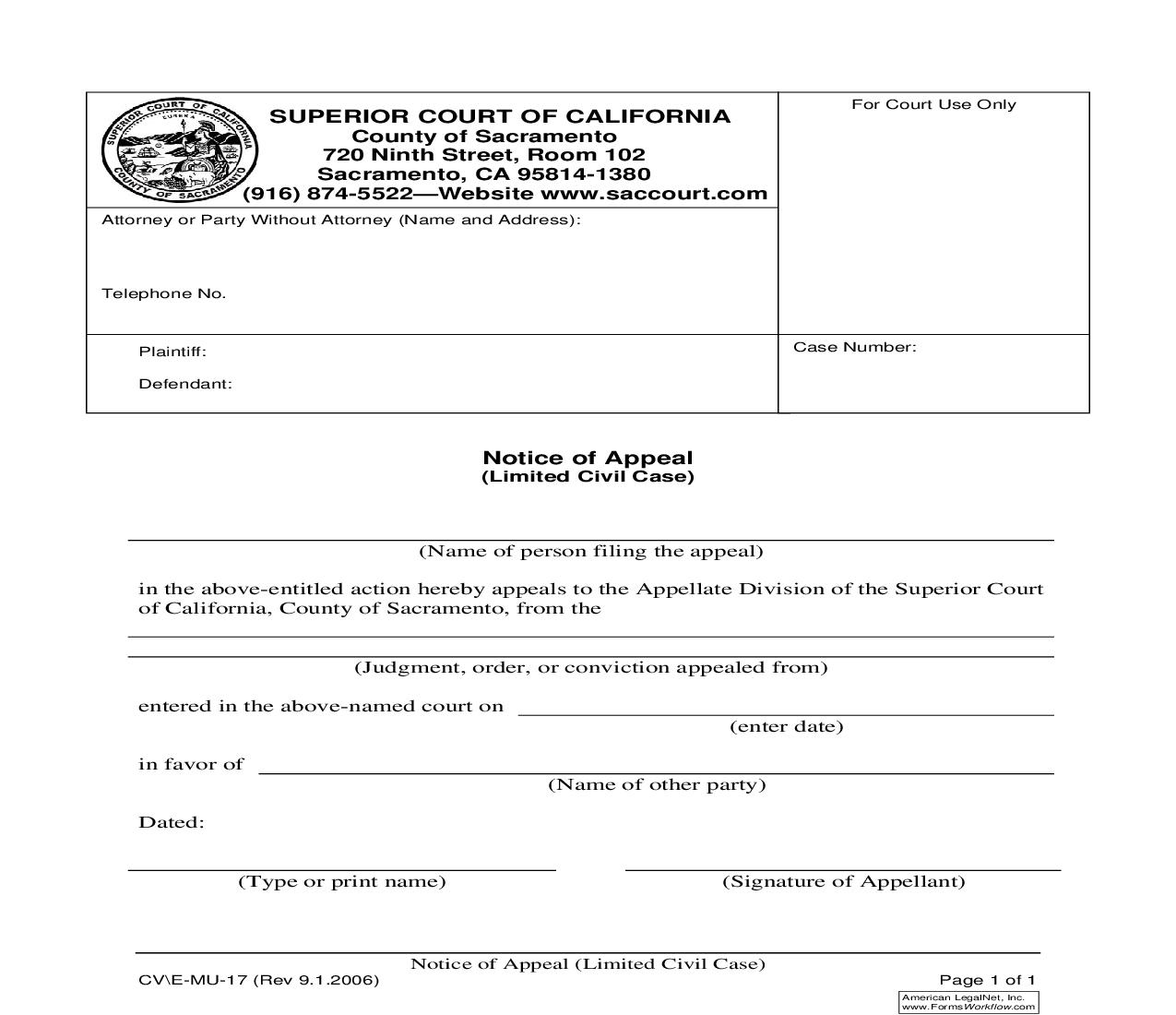 Notice Of Appeal (Limited Civil Case) {CV-E-MU-17} | Pdf Fpdf Doc Docx | California