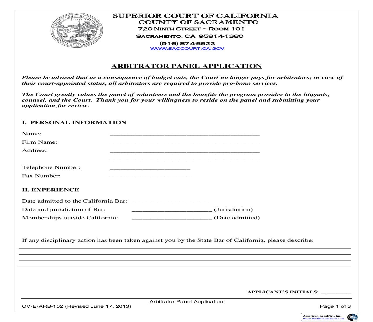 Arbitrator Panel Application {CV-E-ARB-102} | Pdf Fpdf Doc Docx | California