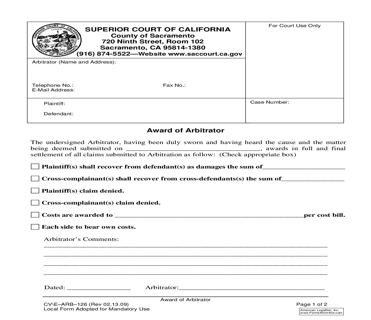 Award Of Arbitrator {CV-E-ARB-126} | Pdf Fpdf Doc Docx | California