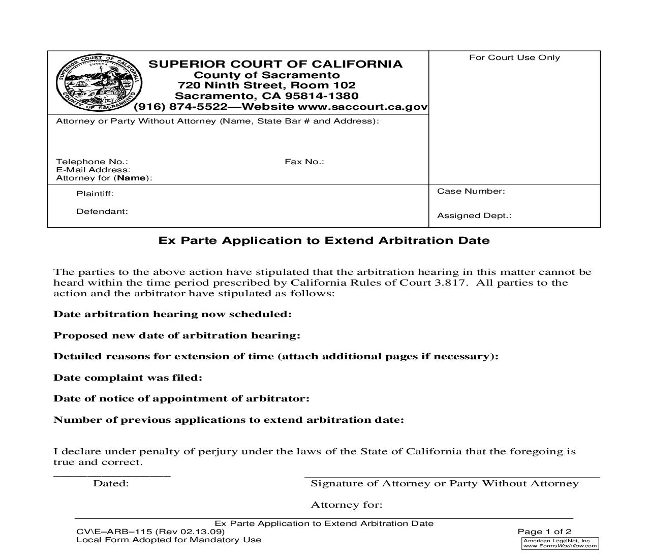 Ex Parte Application To Extend Arbitration Date {CV-E-ARB-115} | Pdf Fpdf Doc Docx | California