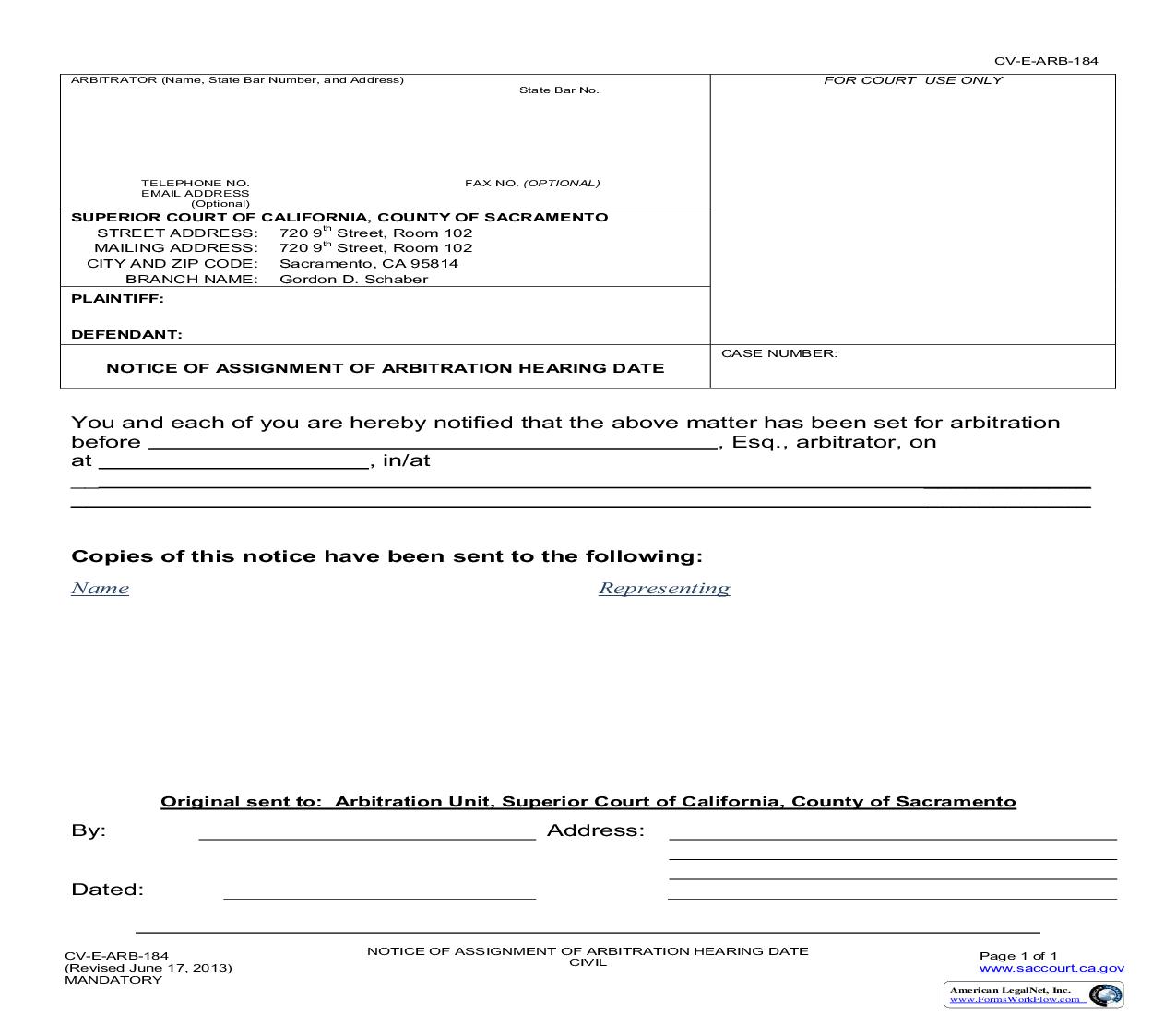 Notice Of Assignment Of Arbitration Hearing Date {CV-E-ARB-184} | Pdf Fpdf Doc Docx | California
