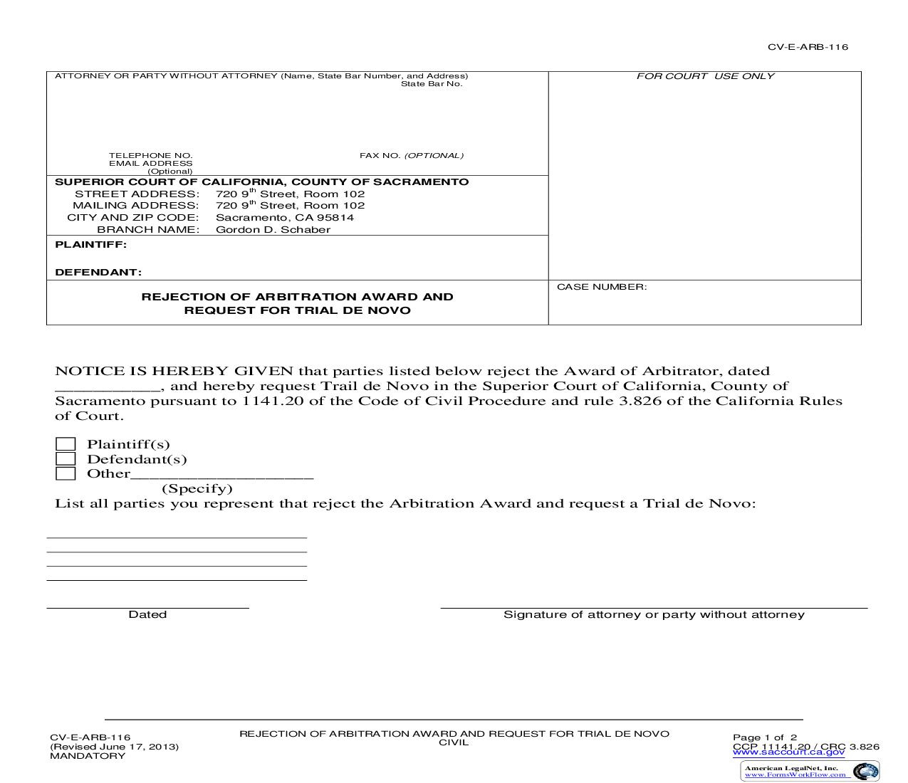 Rejection Of Arbitration Award And Request For Trial De Novo {CV-E-ARB-116} | Pdf Fpdf Doc Docx | California