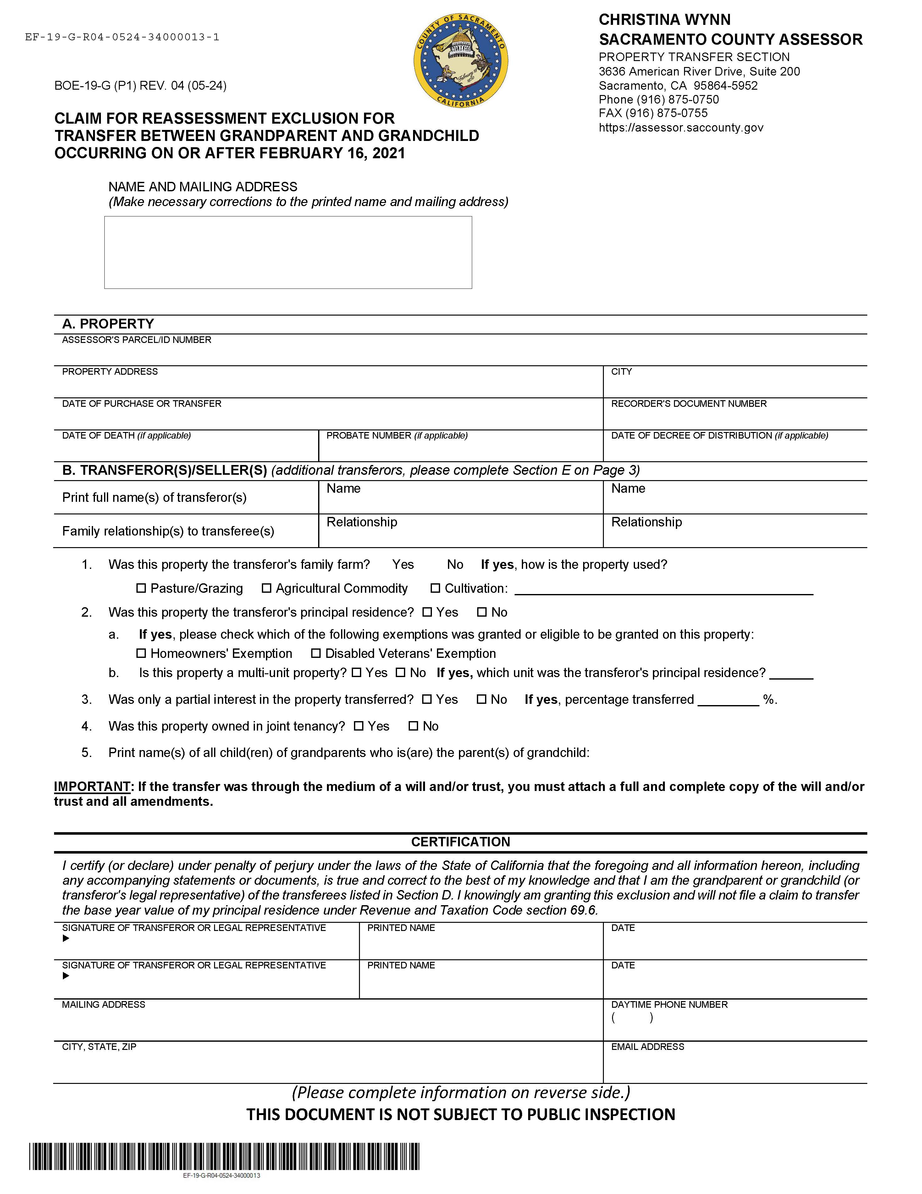 Claim For Reassessment Exclusion For Transfer Between Grandparent And Granchild (Sacramento) {BOE-19-G} | Pdf Fpdf Docx | California