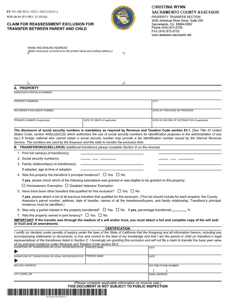 Claim For Reassessment Exclusion For Transfer Between Parent And Child (Before 02-16-21) (Sacramento) {BOE-58-AH} | Pdf Fpdf Docx | California