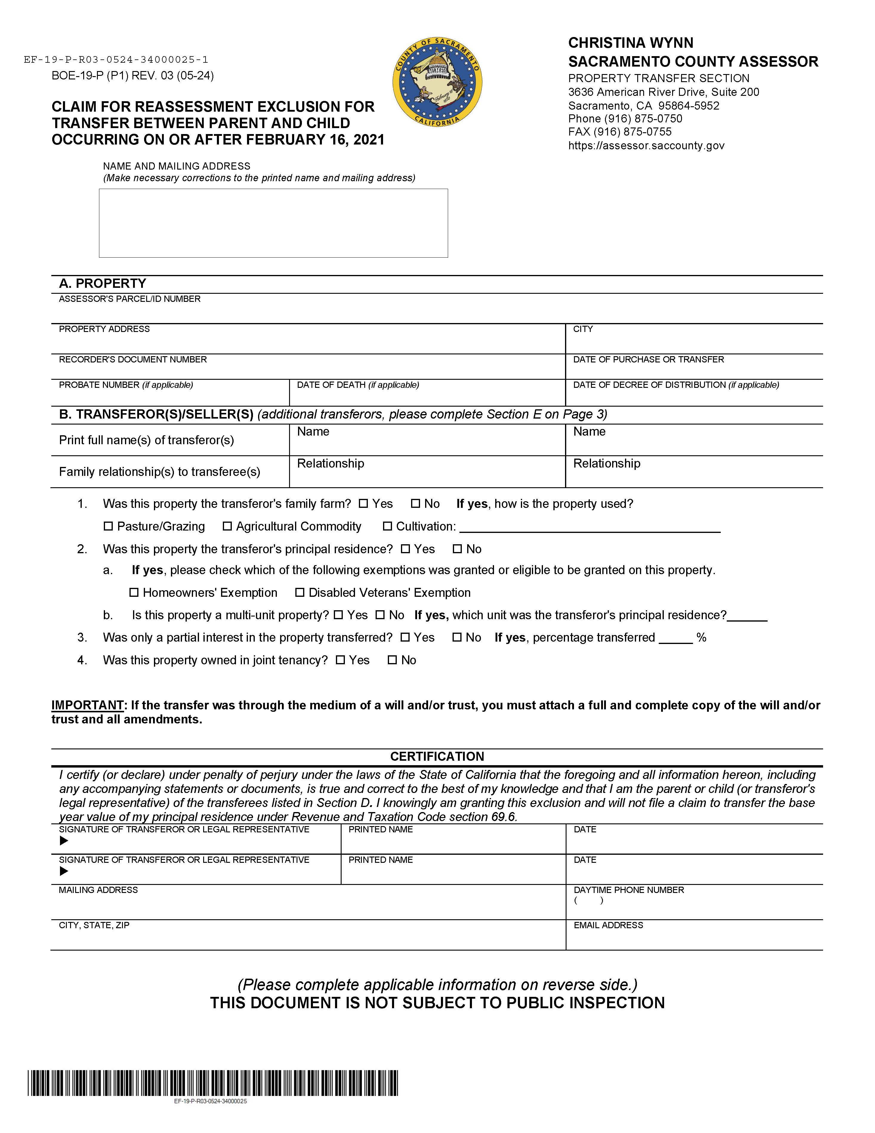 Claim For Reassessment Exclusion For Transfer Between Parent And Child (Sacramento) {BOE-19-P} | Pdf Fpdf Docx | California