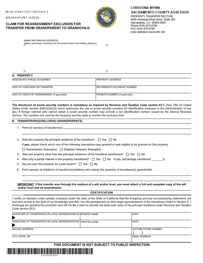 Claim For Reassessment Exclusion-Transfer From Grandparent To Granchild (Before 02-16-21) (Sacramento) {BOE-58-G} | Pdf Fpdf Docx | California