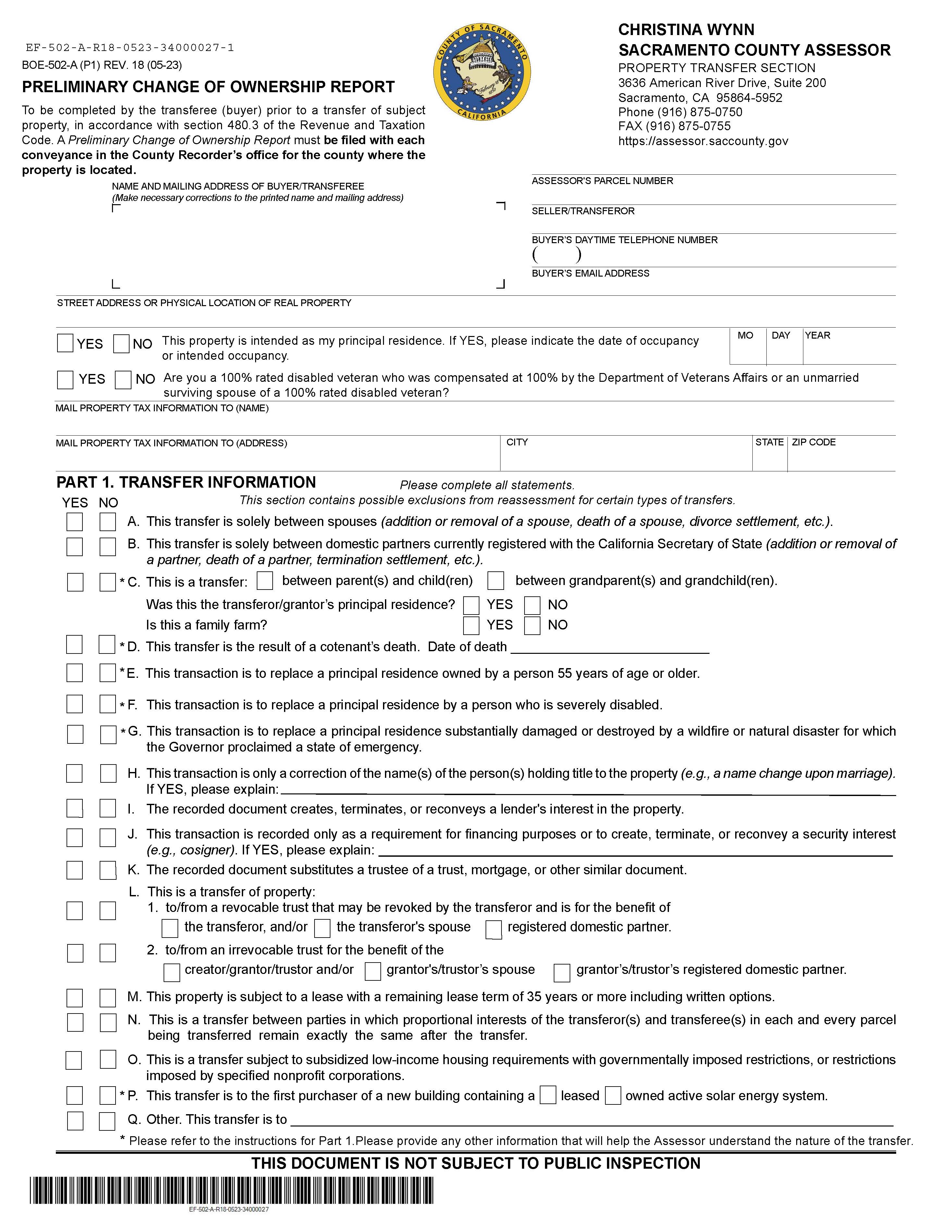 Preliminary Change Of Ownership Report (Sacramento) {BOE-502-A} | Pdf Fpdf Doc Docx | California
