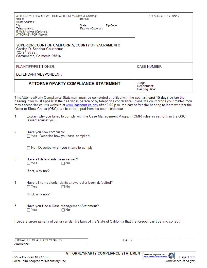 Attorney-Party Compliance Statement {CV-E-112} | Pdf Fpdf Docx | California