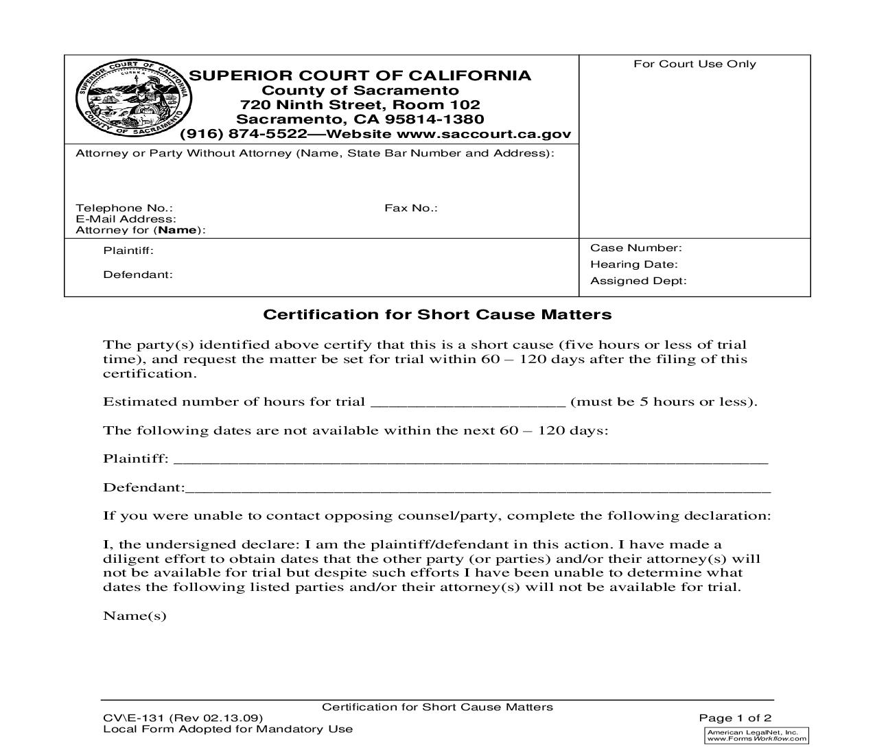 Certification For Short Cause Matters {CV-E-131} | Pdf Fpdf Doc Docx | California