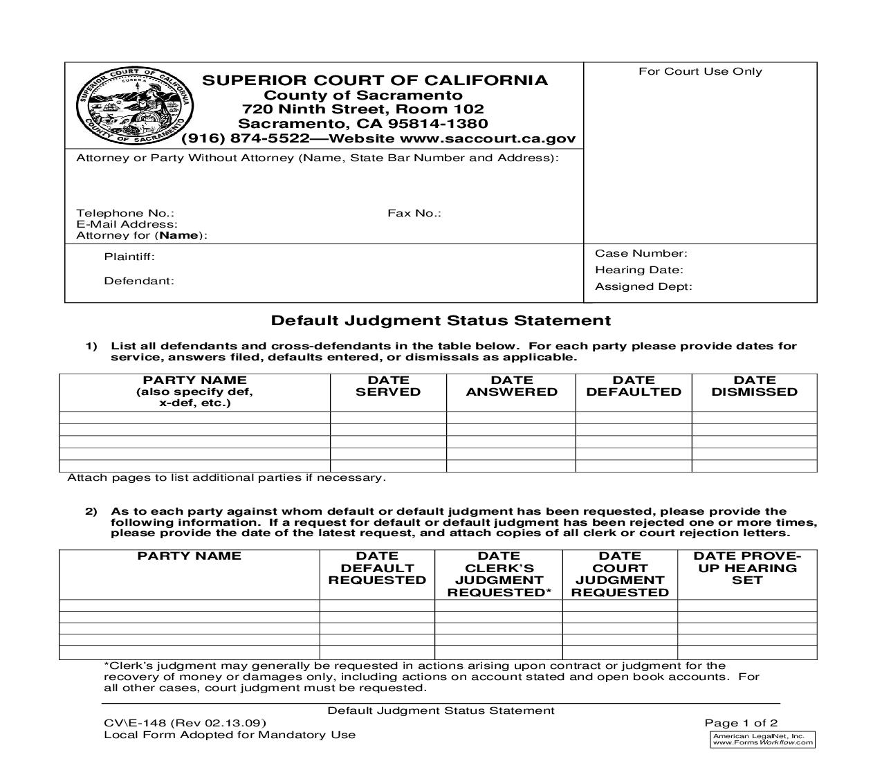 Default Judgment Status Statement {CV-E-148} | Pdf Fpdf Doc Docx | California