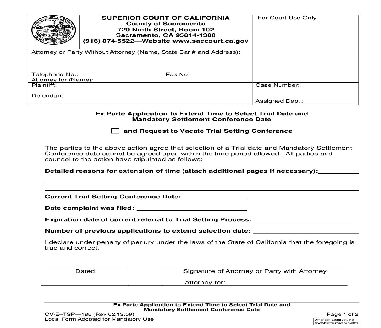 Ex Parte Application To Extend Time To Select Trial And Date {CV-E-TSP-185} | Pdf Fpdf Doc Docx | California