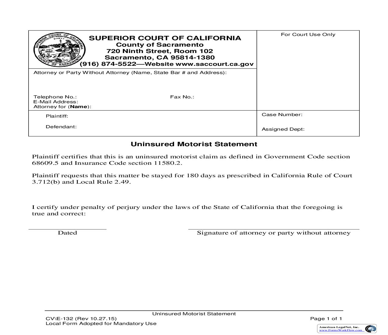 Uninsured Motorist Statement {CV-E-132} | Pdf Fpdf Doc Docx | California