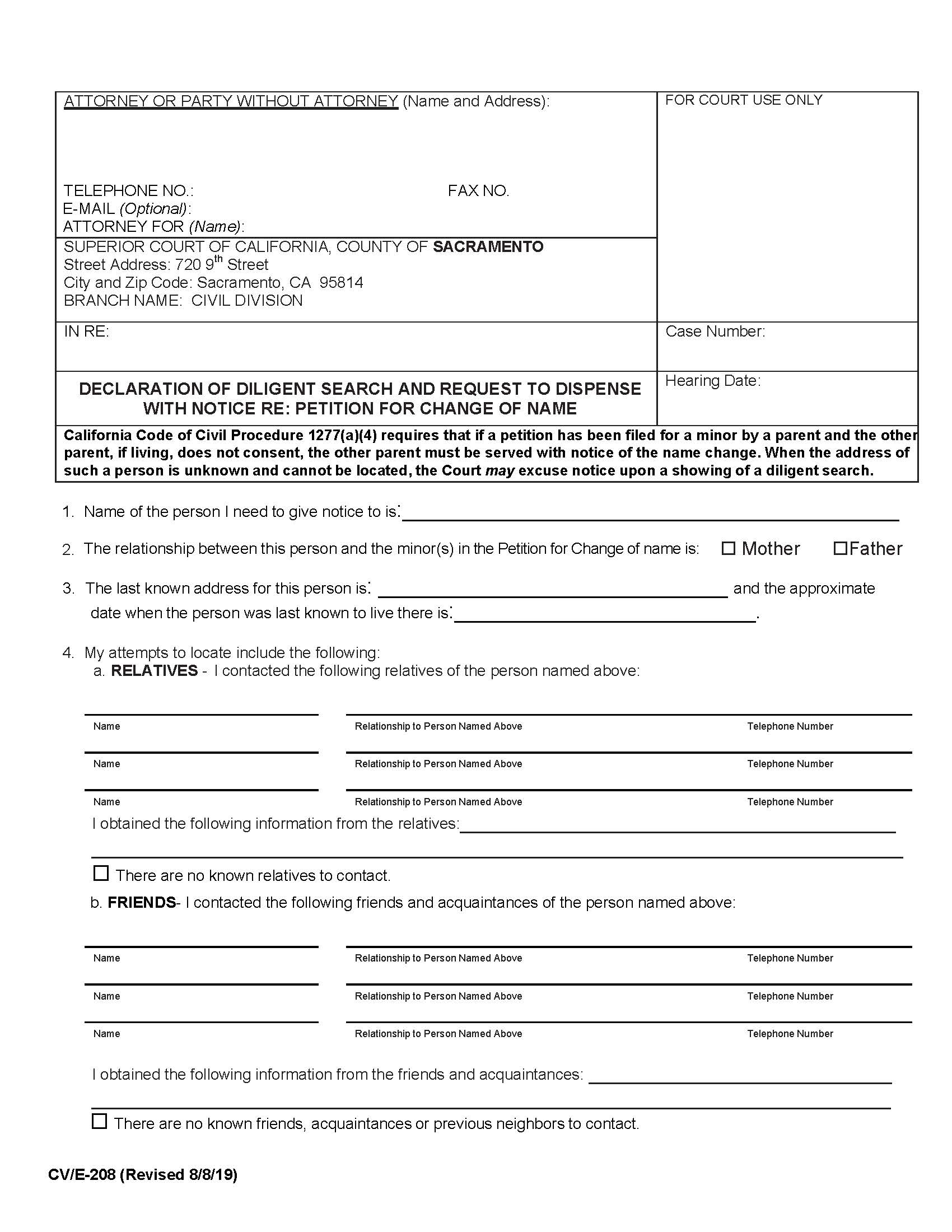 Declaration Of Diligent Search And Request To Dispense With Notice {CV-E-208} | Pdf Fpdf Docx | California