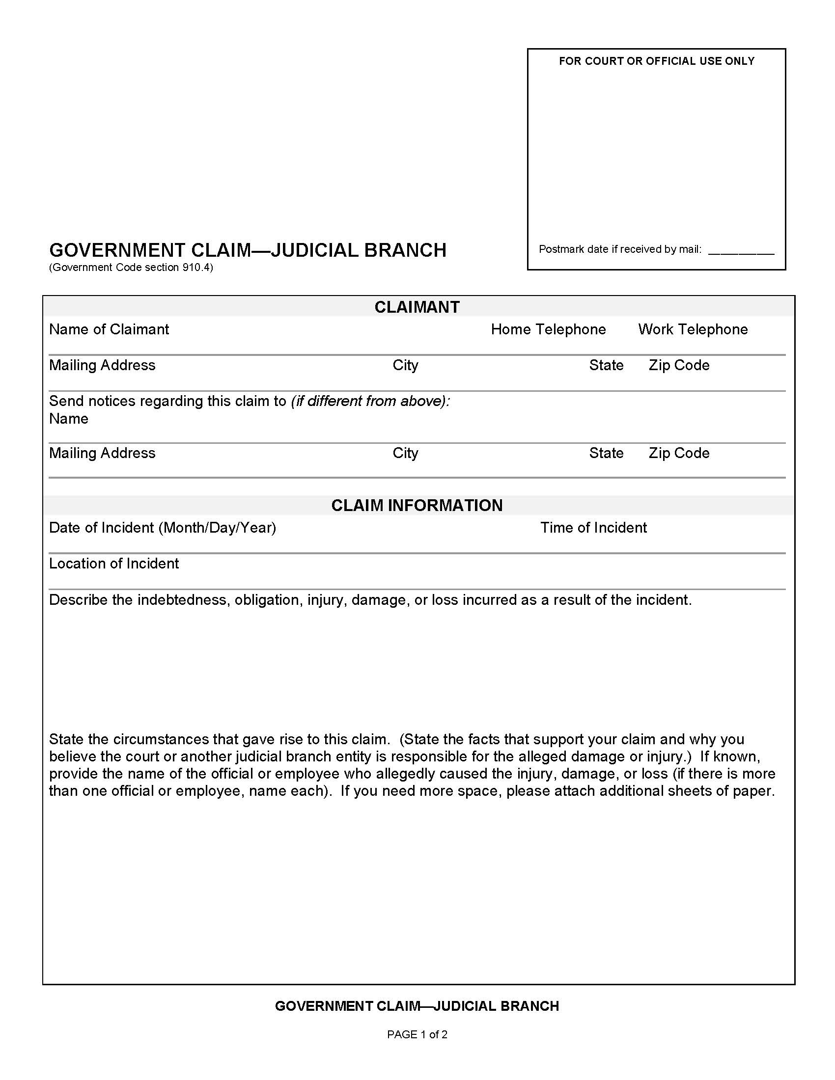 Government Claim-Judicial Branch (Sacramento) | Pdf Fpdf Docx | California