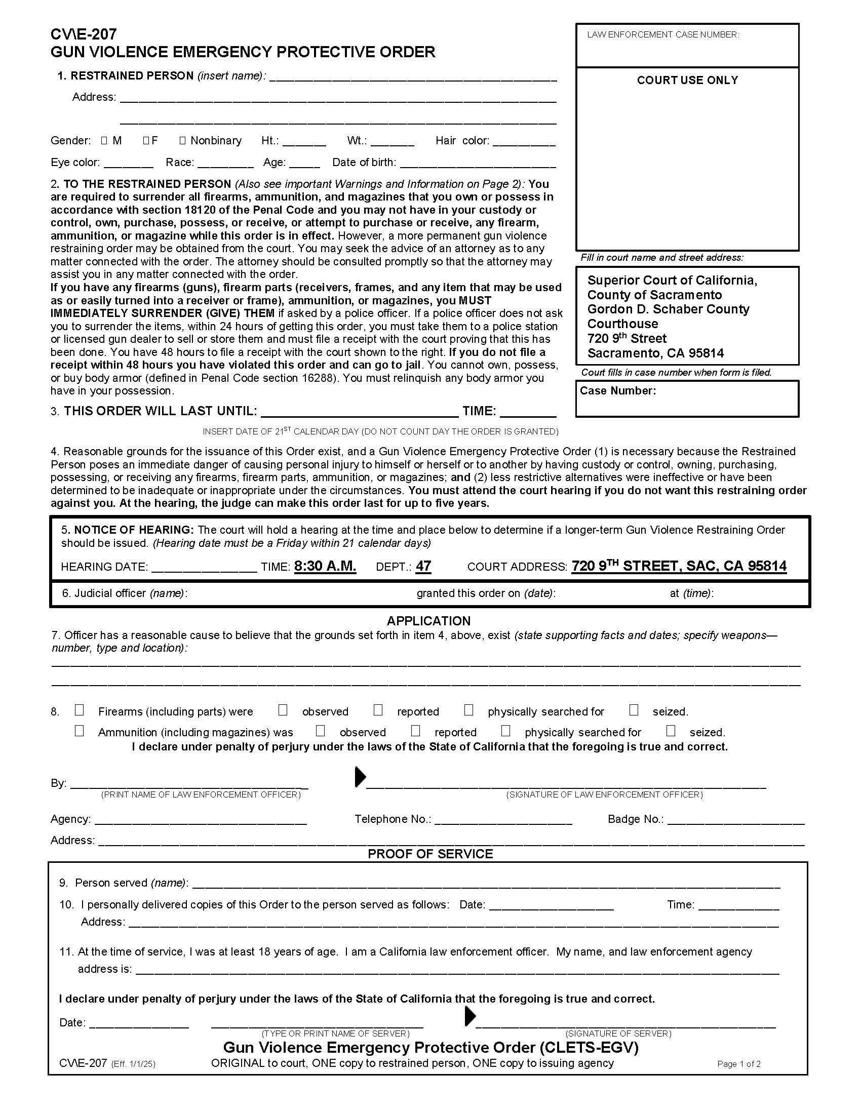 Gun Violence Emergency Protective Order (For Law Enforcement Only) {CV-E-207} | Pdf Fpdf Docx | California