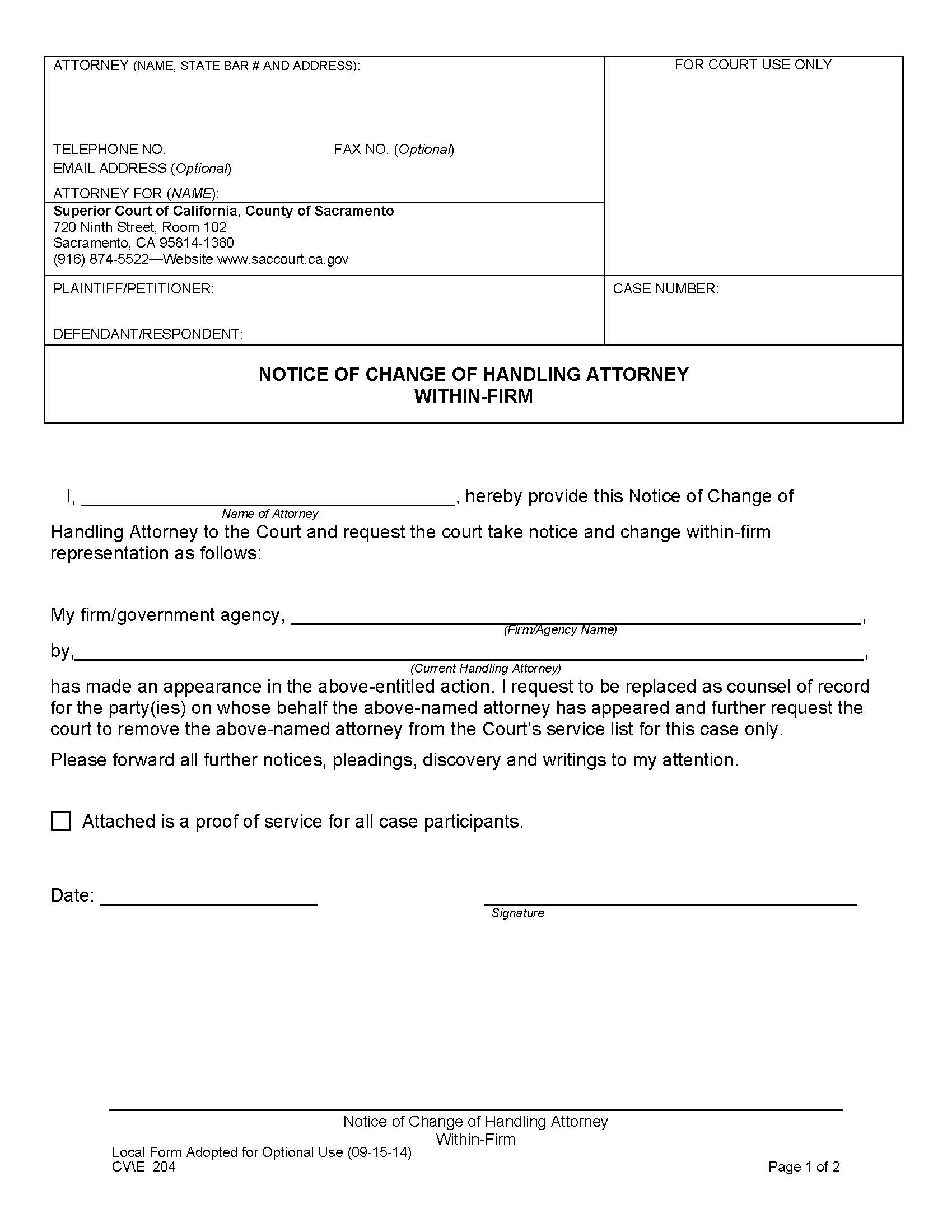 Notice Of Change Of Handling Attorney Within-Firm {CV-E-204} | Pdf Fpdf Doc Docx | California