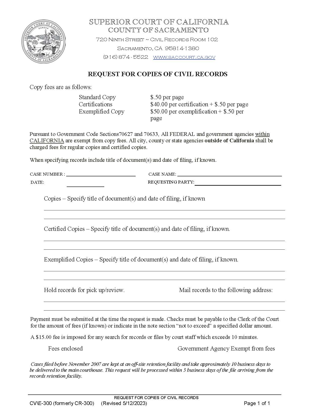 Request For Copies Of Civil Records {CV-E-300} | Pdf Fpdf Doc Docx | California