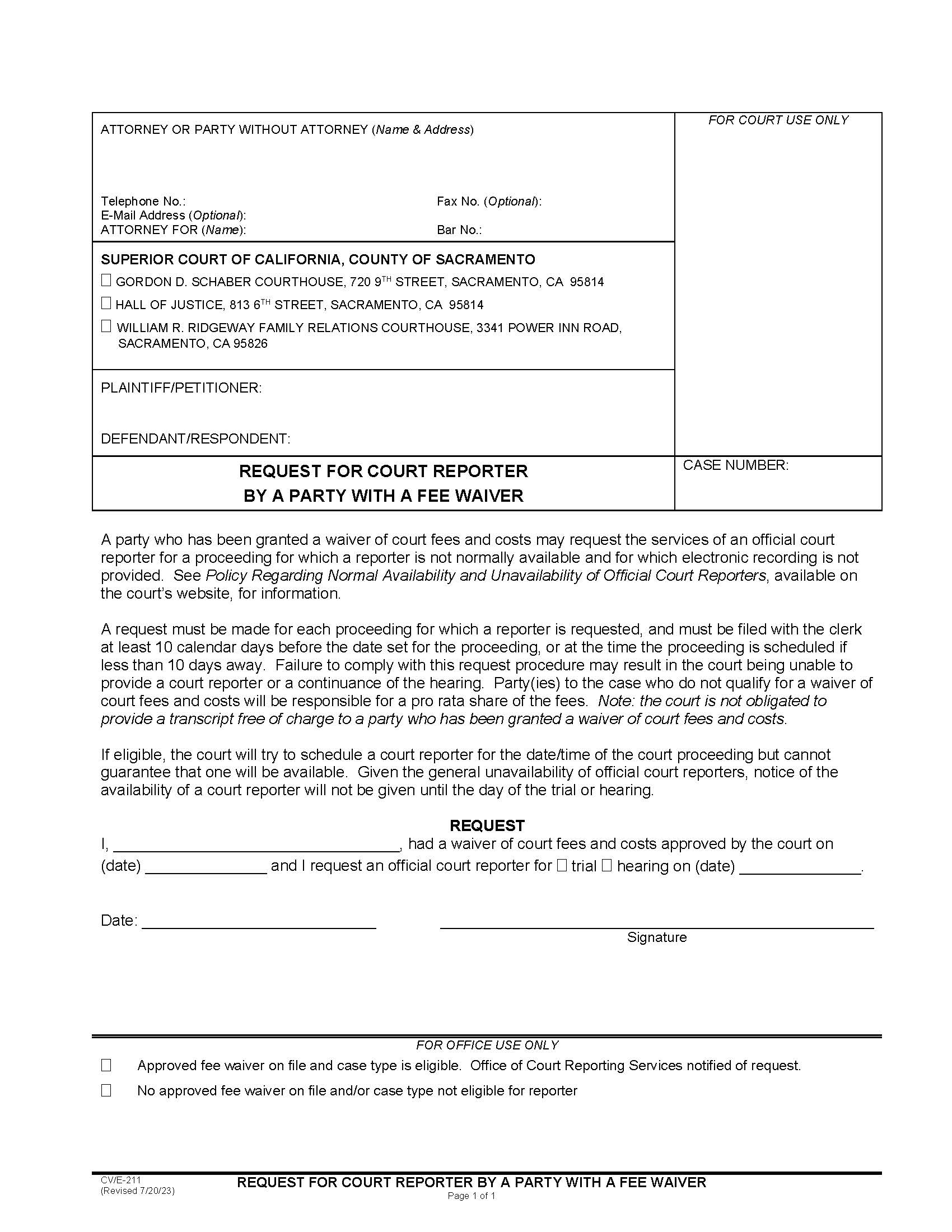 Request For Court Reporter By A Party With A Fee Waiver {CV-E-211} | Pdf Fpdf Docx | California