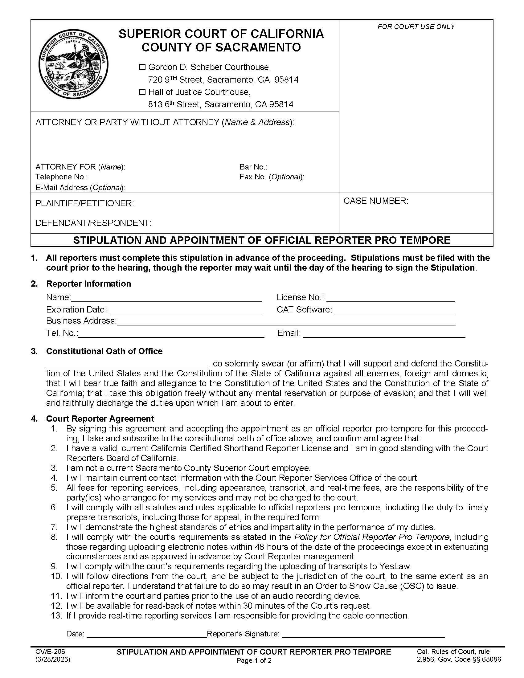 Stipulation And Appointment Of Official Reporter Pro Tempore {CV-E-206} | Pdf Fpdf Docx | California