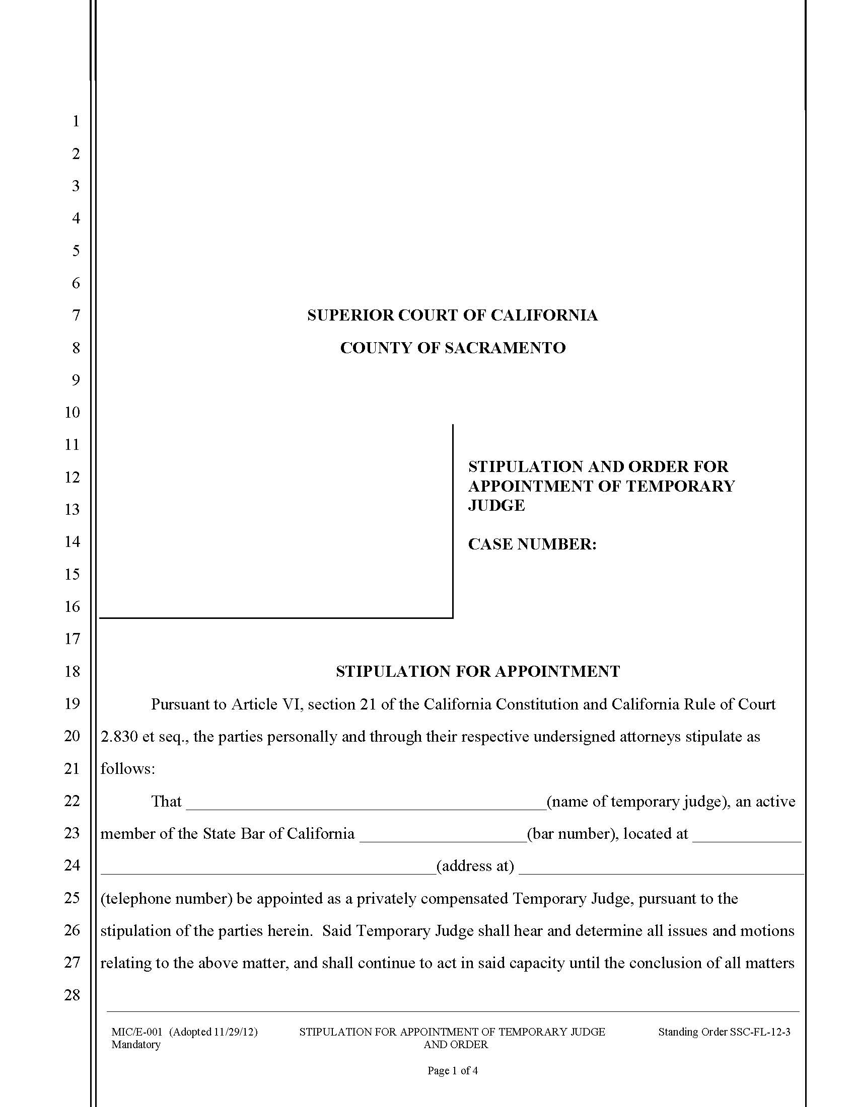Stipulation And Order For Appointment Of Temporary Judge {MIC-E-001} | Pdf Fpdf Docx | California
