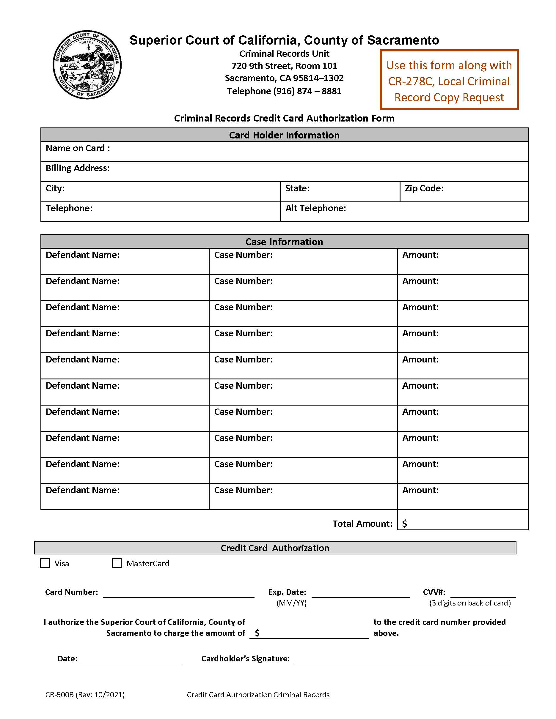 Criminal Records Credit Card Authorization Form {CR-500B} | Pdf Fpdf Docx | California