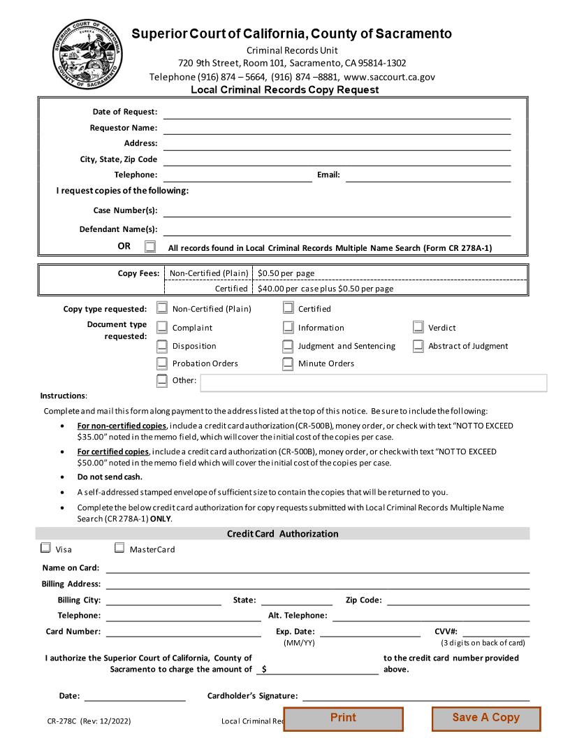 Local Criminal Records Copy Request {CR-278C} | Pdf Fpdf Docx | California